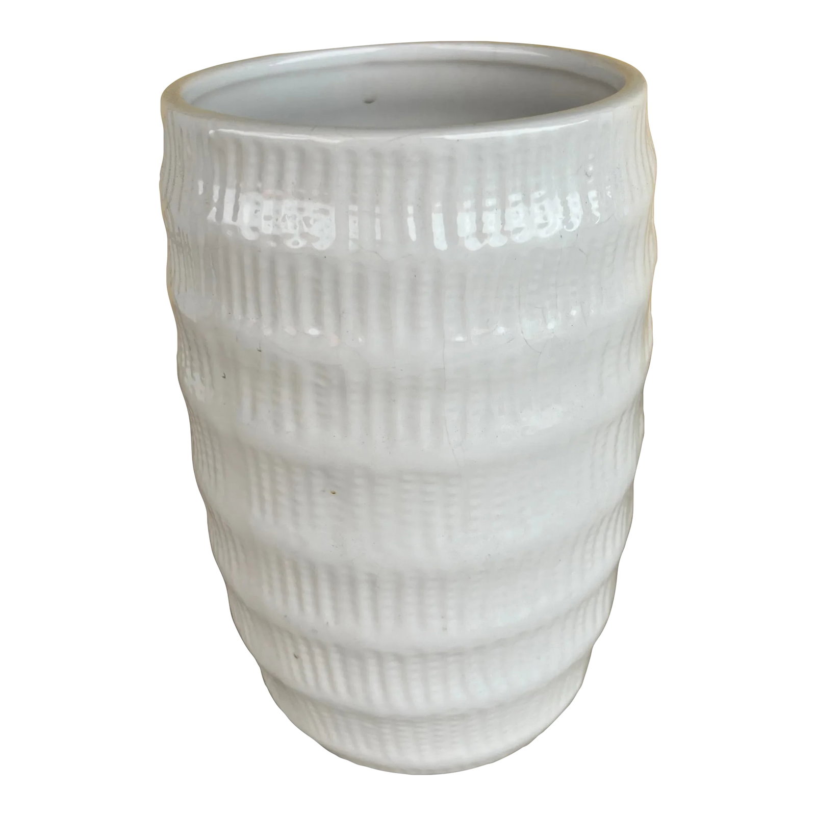 Vintage Shabby Chic Modern White Ceramic Vase / Holder: White ceramic vase or planter. Measuring 8" high and 5" wide. This could even be used to hold items like kitchen utensils. Condition: Alterations: Original Condition Unaltered Imperfections: Some