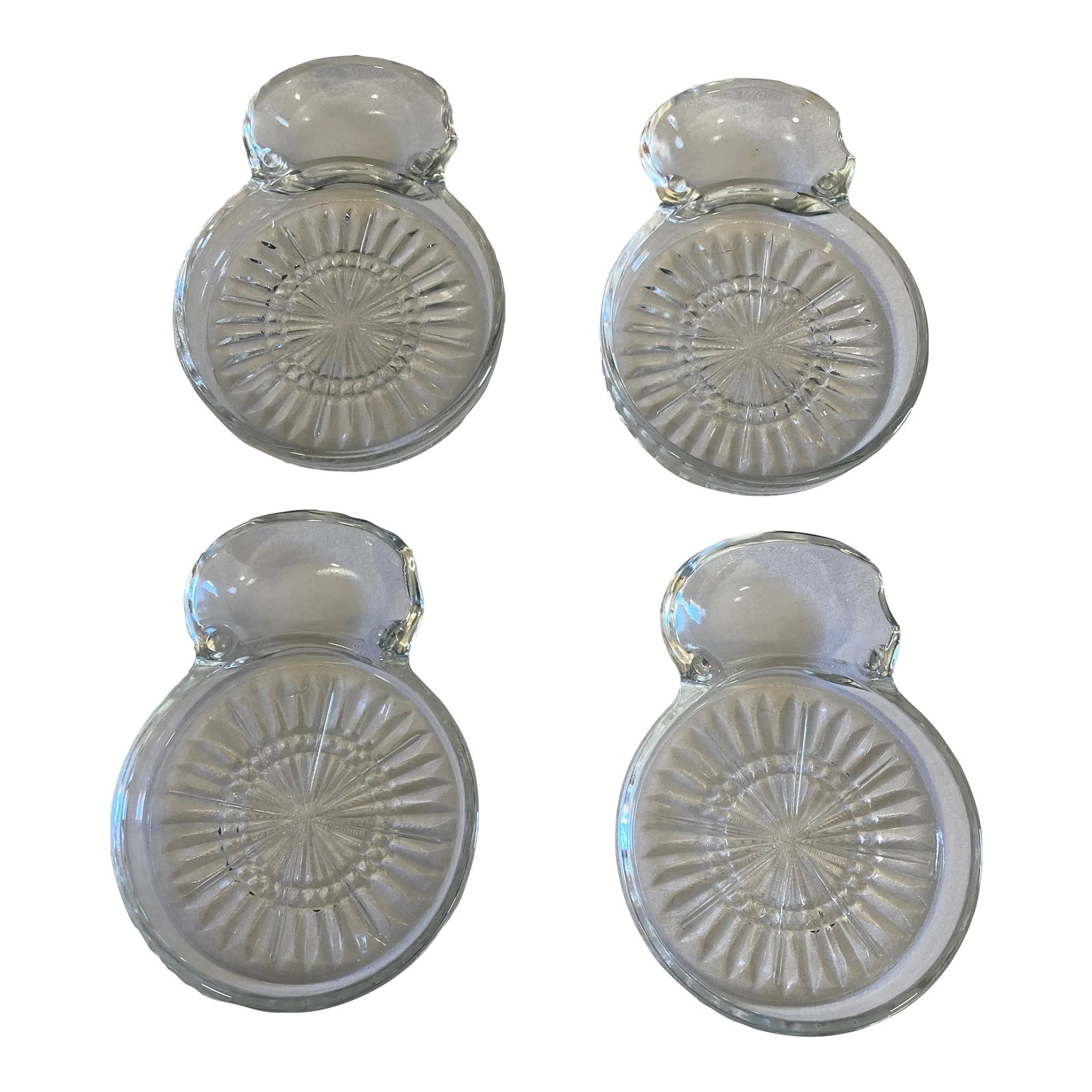 Mid-Century Cut Glass Coasters With Ashtrays- Set of 4: Very pretty star pattern on cut glass coaster with side ashtray. Unique find! Condition: Alterations: Original Condition Unaltered Imperfections: Some Imperfections Condition Notes: Excellent vintage