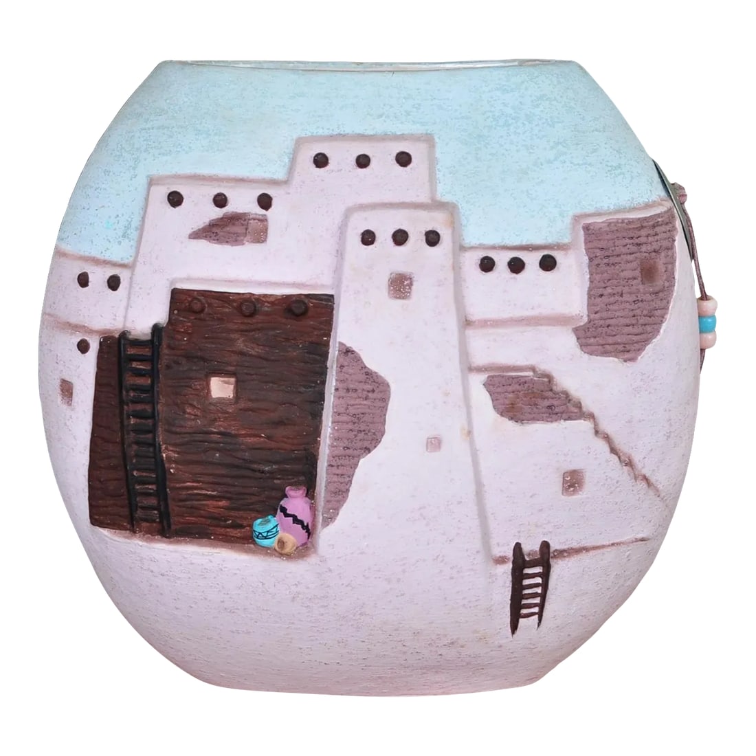 Southwestern Native American Ceramic Pillow Vase With Relief Art Depicting Pueblo Architecture, 2000: (YOU CAN MAKE REASONABLE OFFERS.) This is a beautiful hand-painted Native American ceramic pillow vase depicting Pueblo architecture of a village. The vase is 9" high, 10" wide and 5" deep. Pueblo