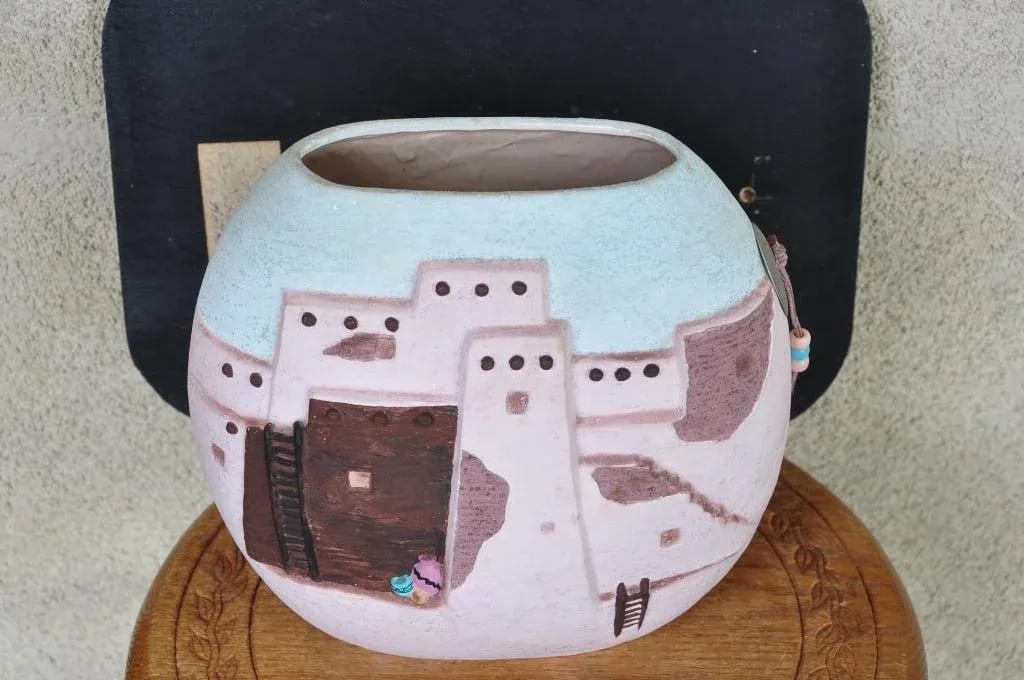Southwestern Native American Ceramic Pillow Vase With Relief Art Depicting Pueblo Architecture, 2000 - 2