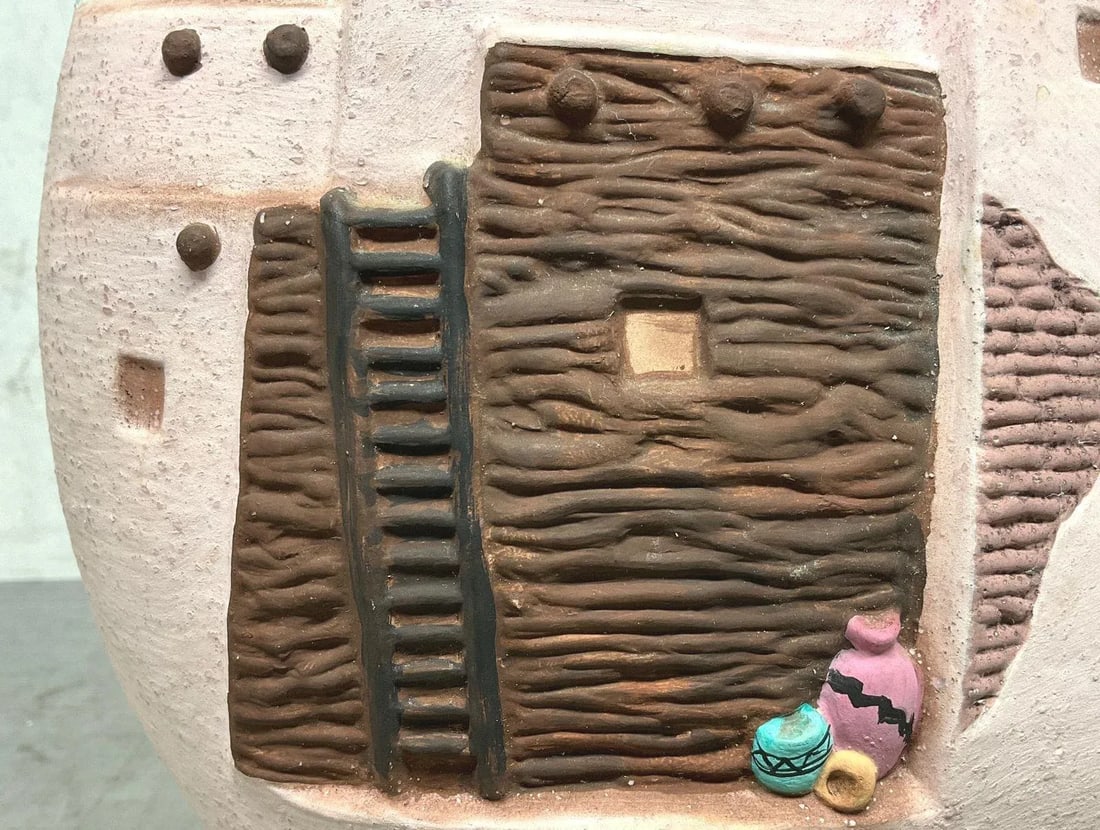 Southwestern Native American Ceramic Pillow Vase With Relief Art Depicting Pueblo Architecture, 2000 - 3