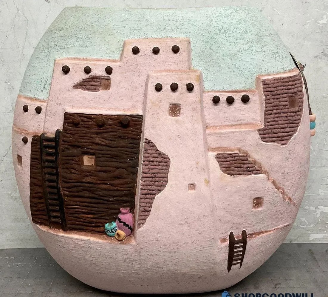 Southwestern Native American Ceramic Pillow Vase With Relief Art Depicting Pueblo Architecture, 2000 - 4
