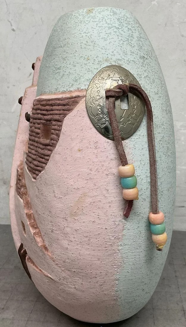 Southwestern Native American Ceramic Pillow Vase With Relief Art Depicting Pueblo Architecture, 2000 - 5