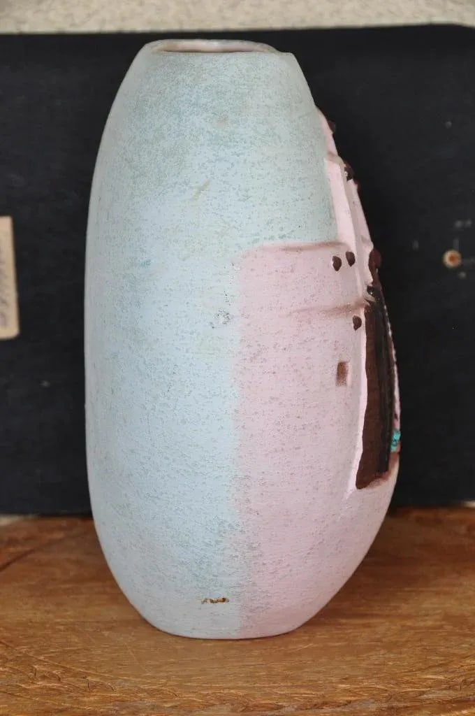 Southwestern Native American Ceramic Pillow Vase With Relief Art Depicting Pueblo Architecture, 2000 - 8