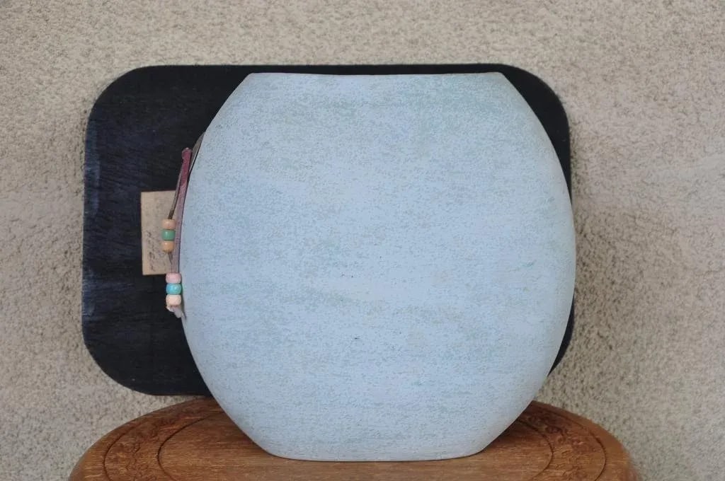 Southwestern Native American Ceramic Pillow Vase With Relief Art Depicting Pueblo Architecture, 2000 - 9