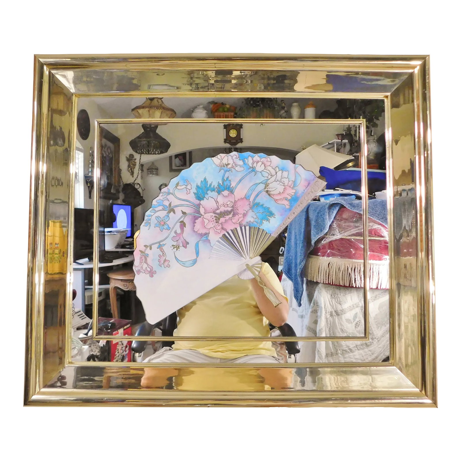 Vintage Postmodern Artist Signed Printed Oriental Fan Wall Mirror: Wonderful vintage postmodern artist signed printed wall mirror. Beautiful design of an oriental fan. Gold trim edges. Circa 1980s. Wonderful Condition. Ready to hang. Measurements - 27.75" H x 31.5"