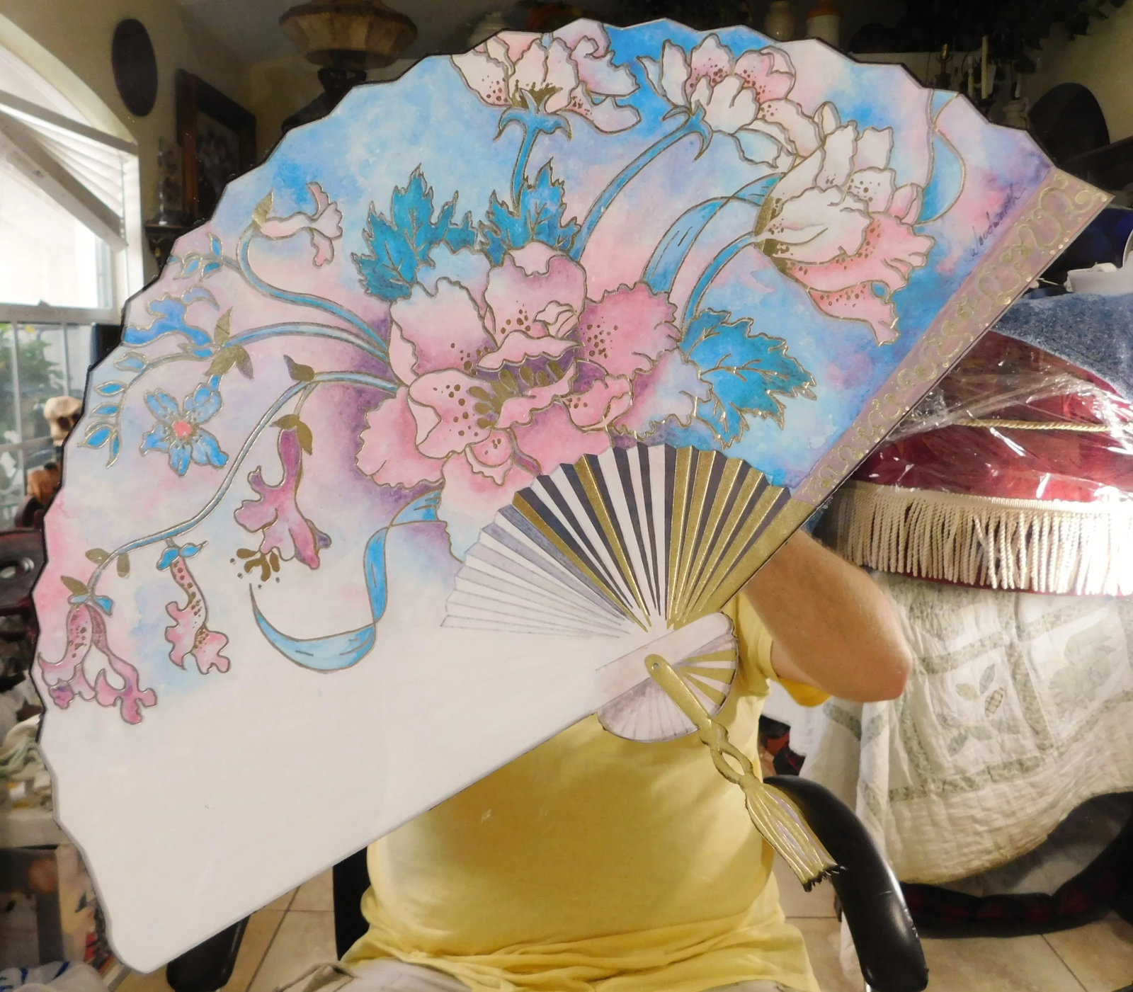 Vintage Postmodern Artist Signed Printed Oriental Fan Wall Mirror - 2