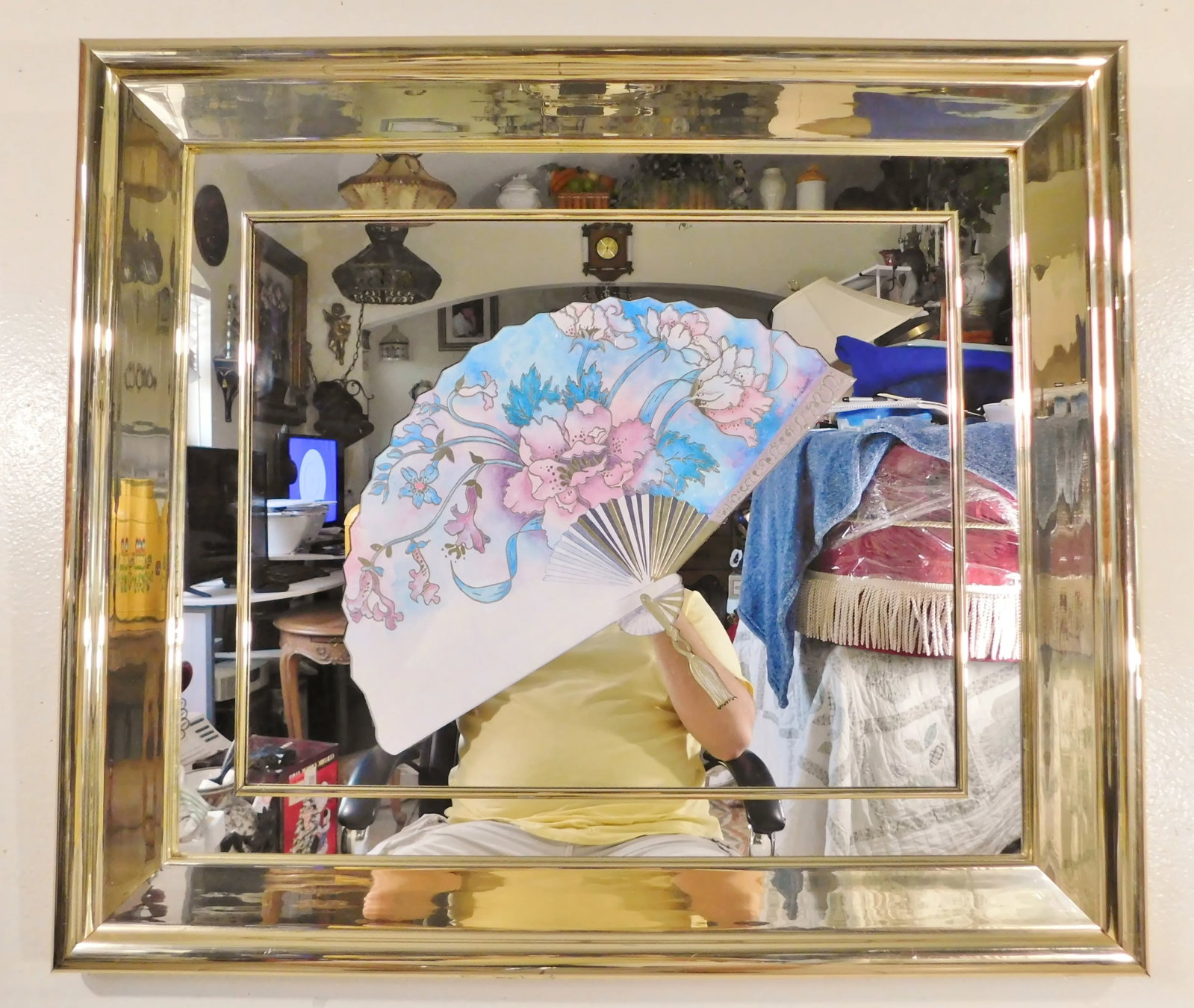 Vintage Postmodern Artist Signed Printed Oriental Fan Wall Mirror - 9