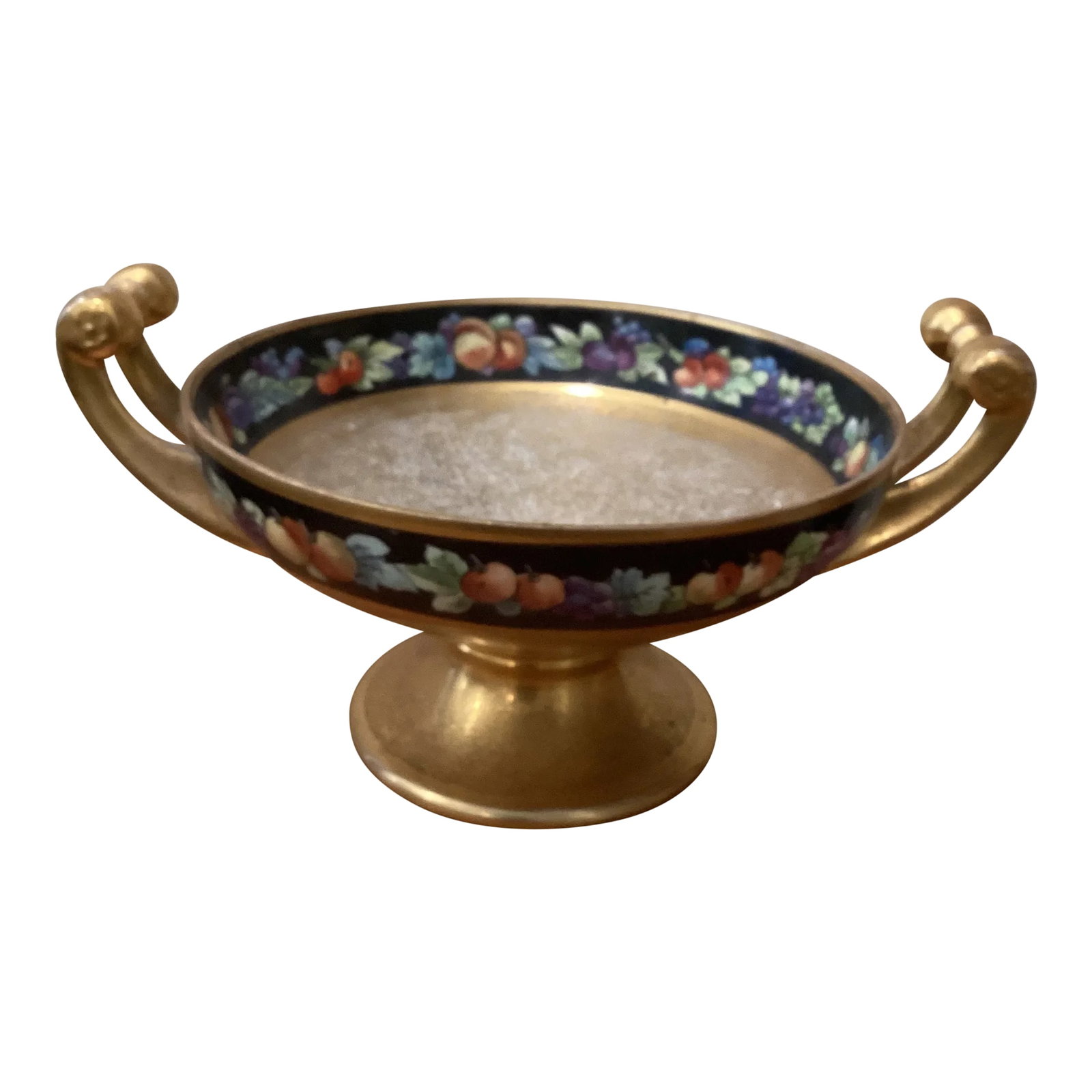 Antique Porcelain Hutschenreuther Selb Fruits Bowl With Handles and Pedestal 24k Gold Encrusted: Beautiful antique porcelain fruit design pedestal bowl signed. Circa 1925 Condition: Alterations: Original Condition Unaltered Imperfections: Some Imperfections Condition Notes: Good antique condition