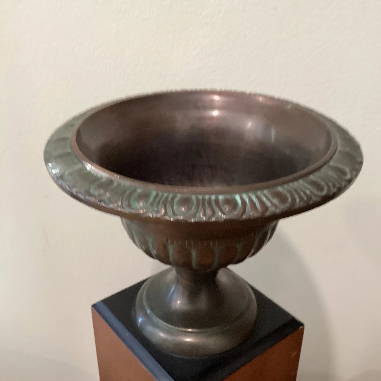 Vintage Bronze Vase/Urn/Garden Planter W/Original Patina on Wood Base - 10