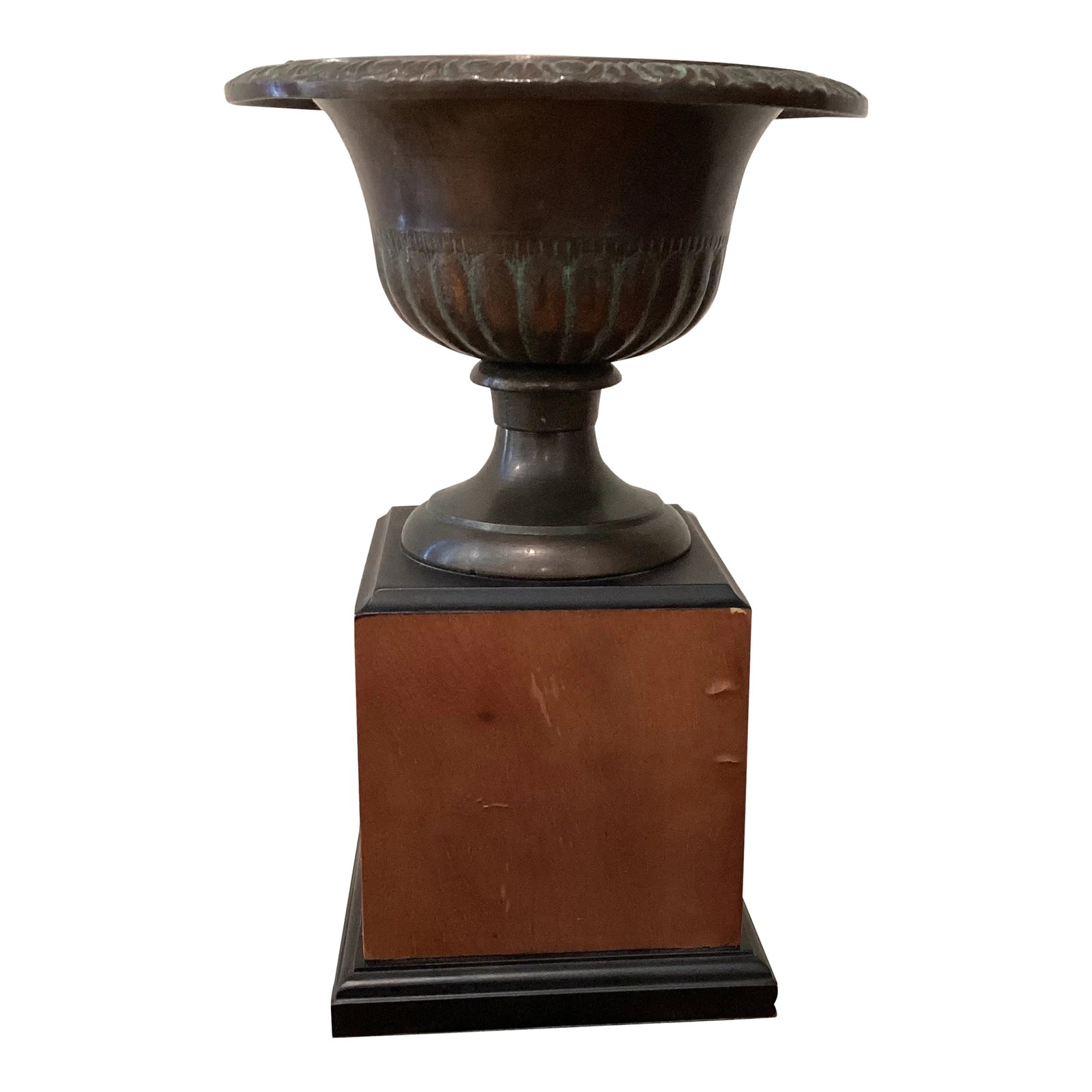Vintage Bronze Vase/Urn/Garden Planter W/Original Patina on Wood Base: French style bronze urn planter from the 20th century, with flaring lips features a tapering body with fluted accents, topped with a large lip. Raised onto square base,nicely weathered patina.