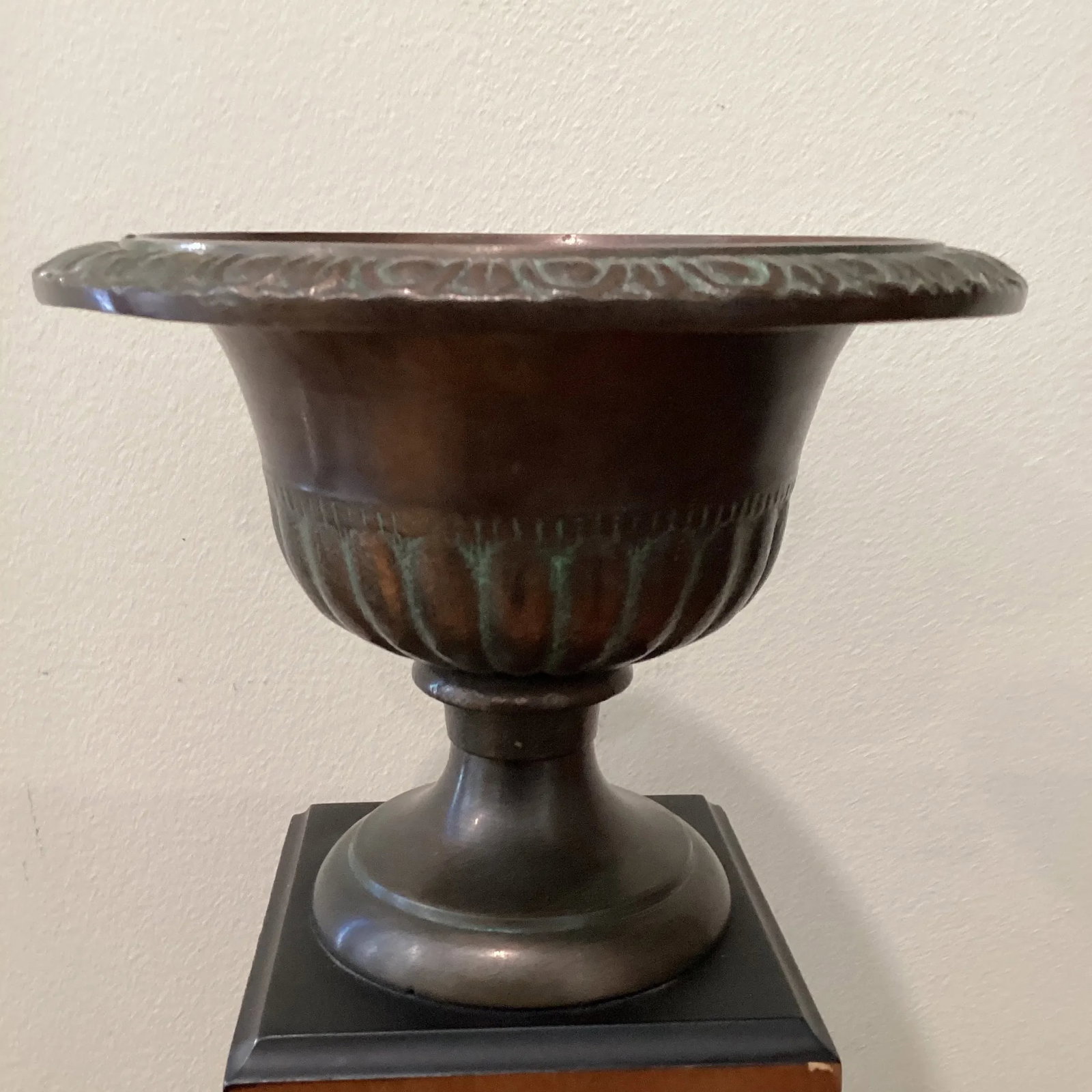 Vintage Bronze Vase/Urn/Garden Planter W/Original Patina on Wood Base - 2