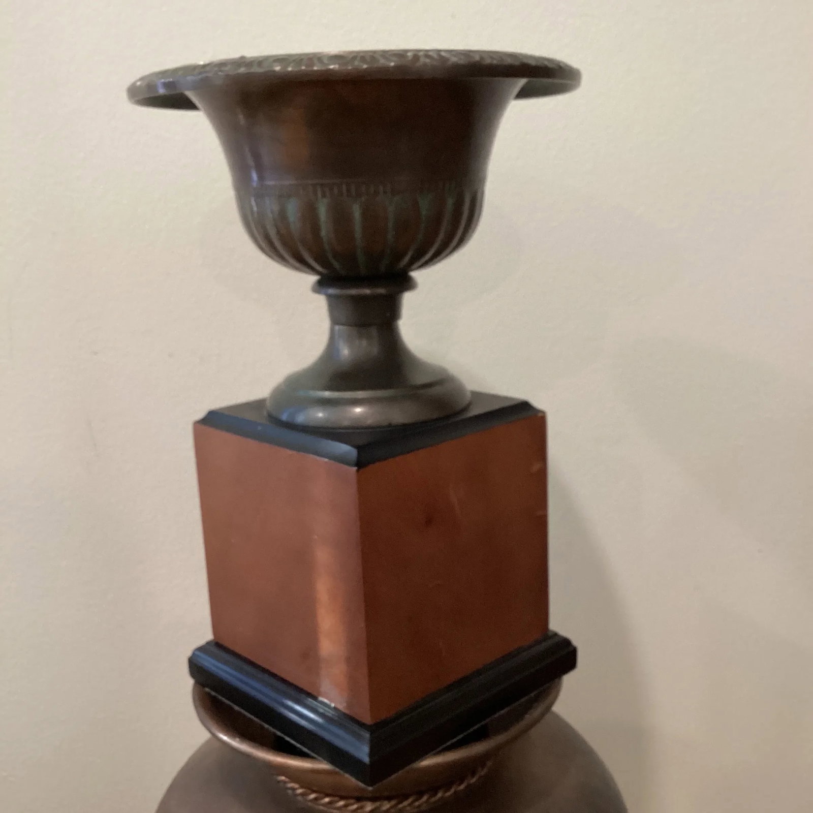 Vintage Bronze Vase/Urn/Garden Planter W/Original Patina on Wood Base - 5