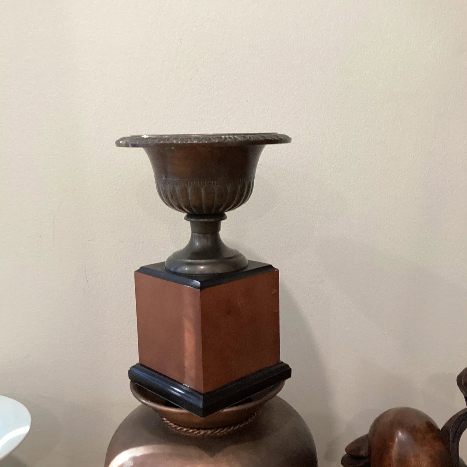 Vintage Bronze Vase/Urn/Garden Planter W/Original Patina on Wood Base - 8