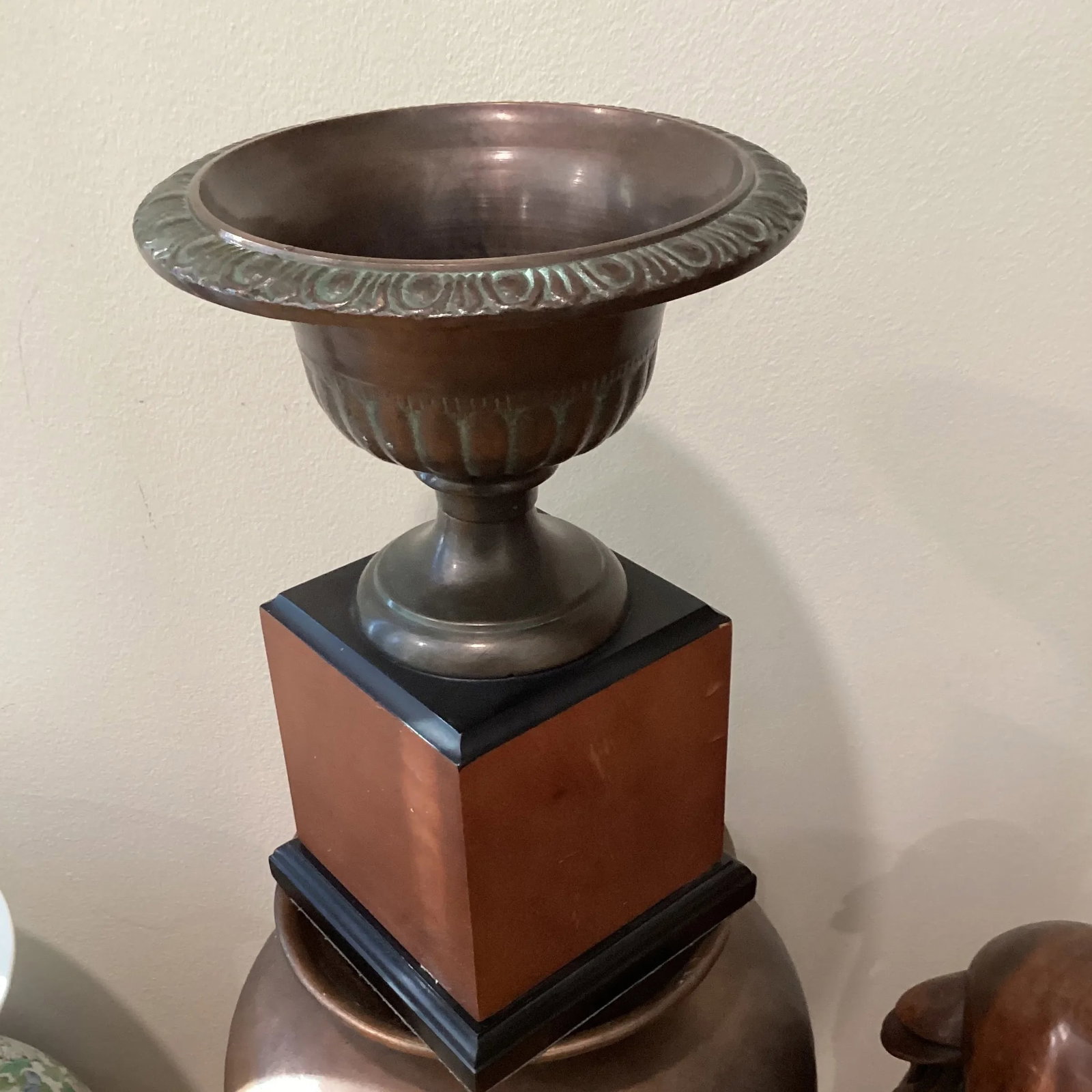Vintage Bronze Vase/Urn/Garden Planter W/Original Patina on Wood Base - 9
