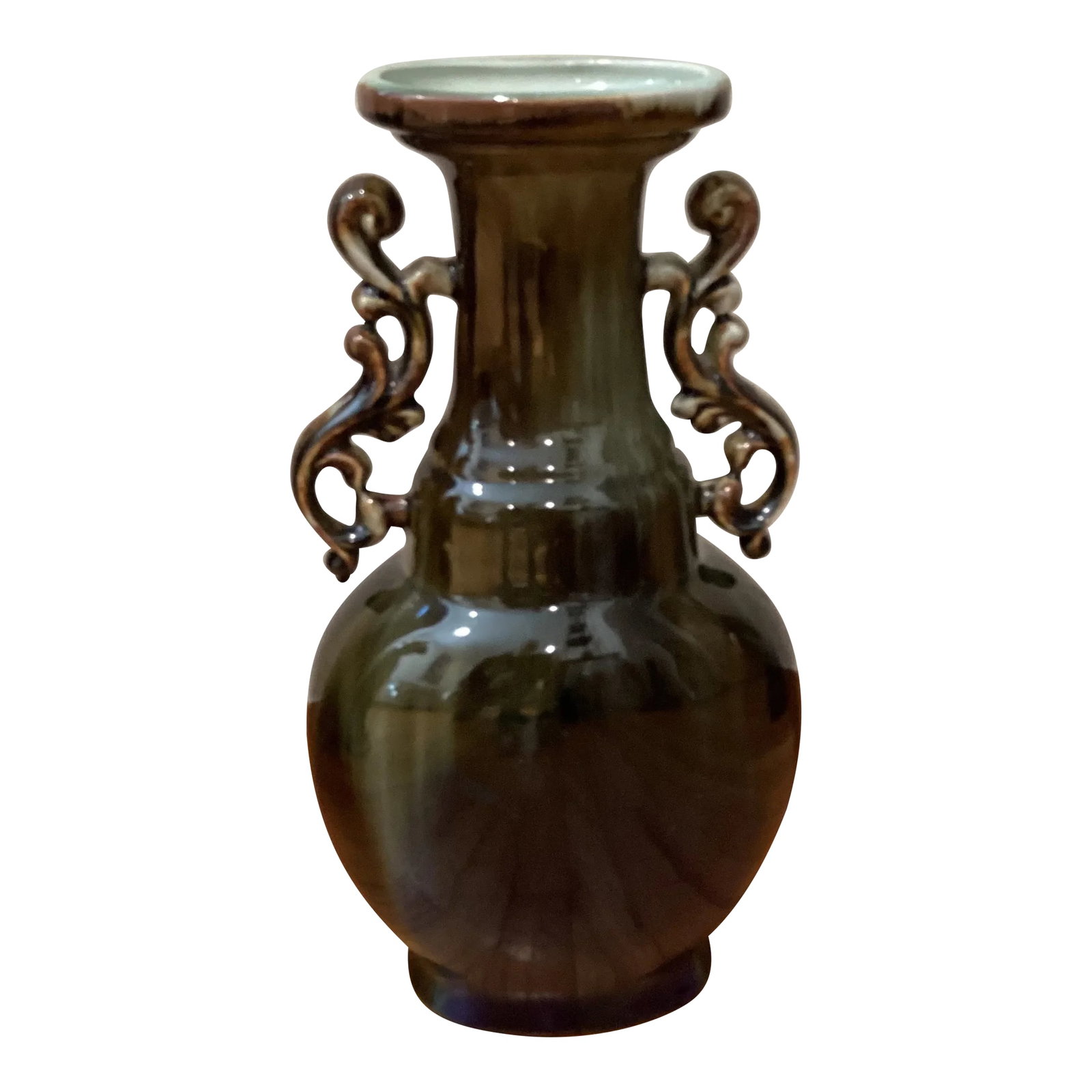 Mid Century Baluster Porcelain Ceramic Glazed Crackle Deep Green Vase With Molded Handles Oriented S: Mid Century Baluster Porcelain Ceramic Glazed Crackle Deep Green Vase With Molded Handles Oriented Style Condition: Alterations: Original Condition Unaltered Imperfections: Some Imperfections