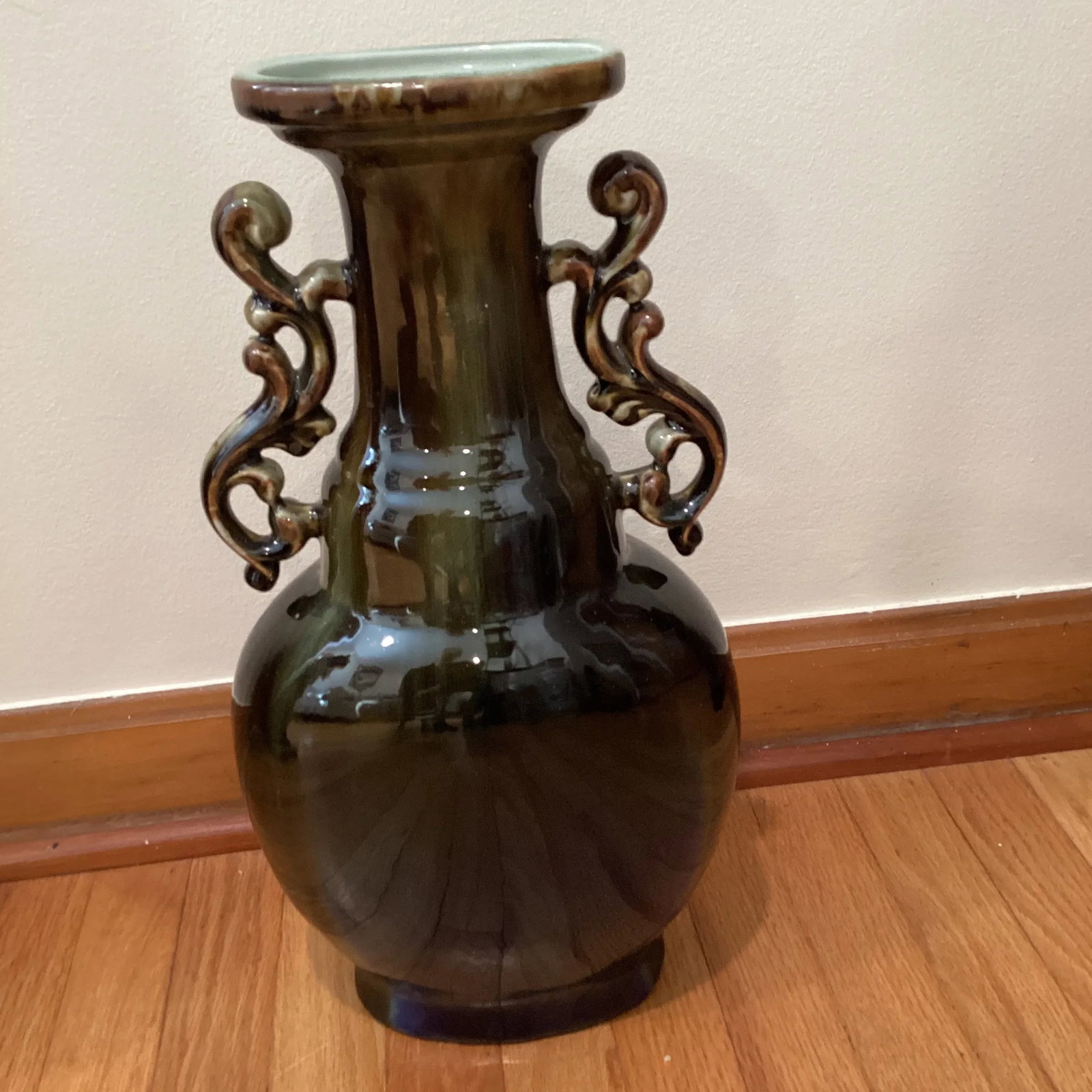 Mid Century Baluster Porcelain Ceramic Glazed Crackle Deep Green Vase With Molded Handles Oriented S - 2