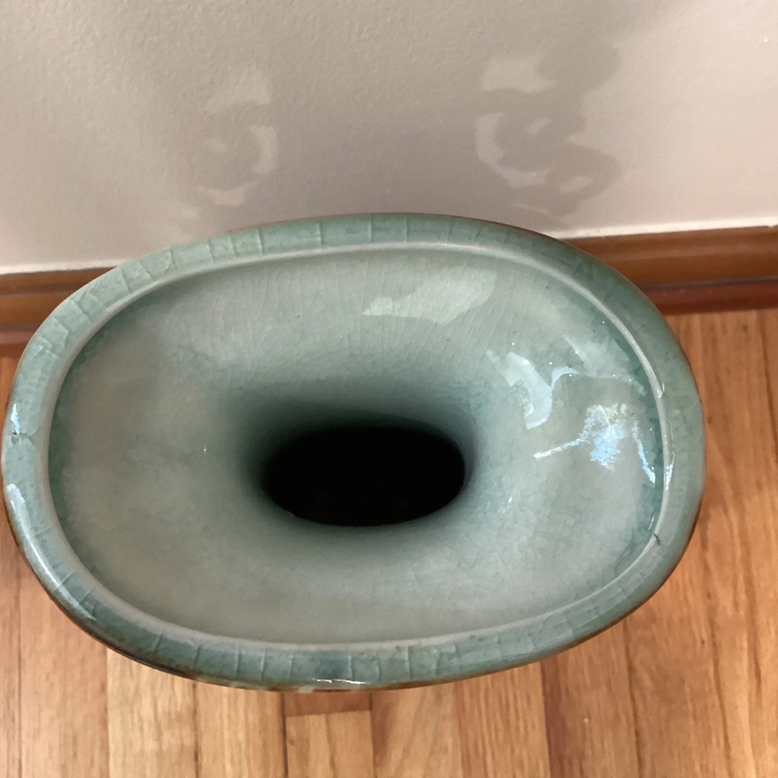 Mid Century Baluster Porcelain Ceramic Glazed Crackle Deep Green Vase With Molded Handles Oriented S - 3