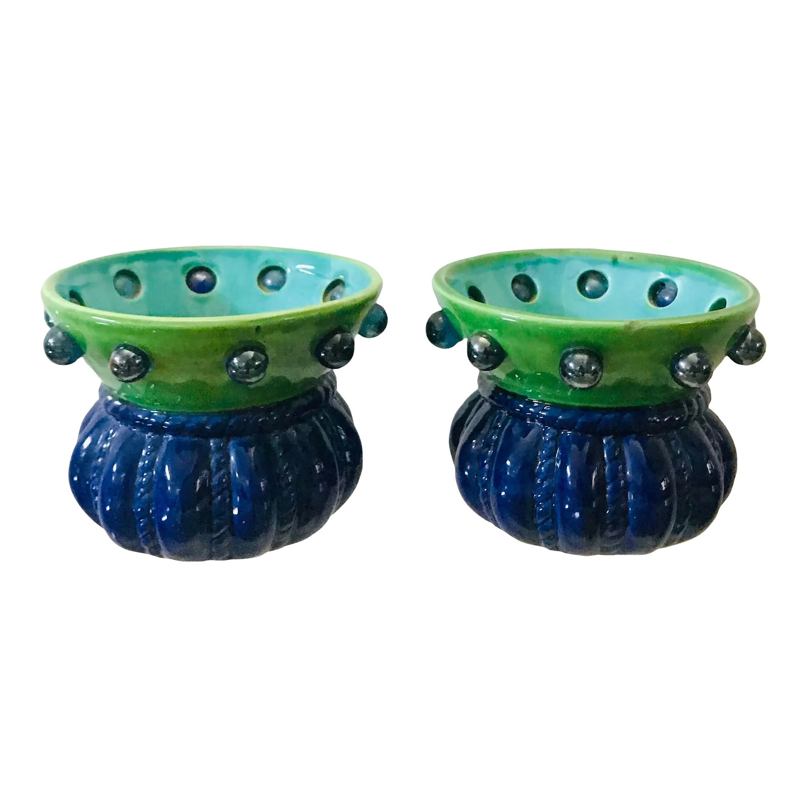 Art Deco Style Pair of Vintage Ceramic and Glass Cachepot Planters: Transform your space with this pair of ceramic art deco-style cachepots, marrying the allure of vintage design with modern sophistication to elevate your botanical arrangements with timeless glamour. 