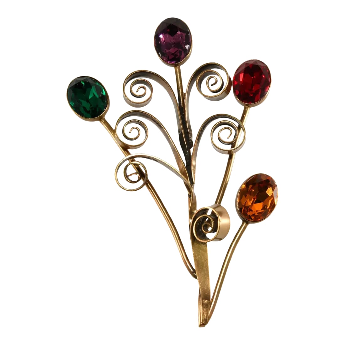 Joseff of Hollywood Seacutter Floral Spray Statement Brooch: This is part of Chairish's Costume Jewelry assortment. Huge floral spray brooch with jewel toned unfoiled rhinestones in hues of amber, red, purple and green. Marked Joseff on the back. Setting is