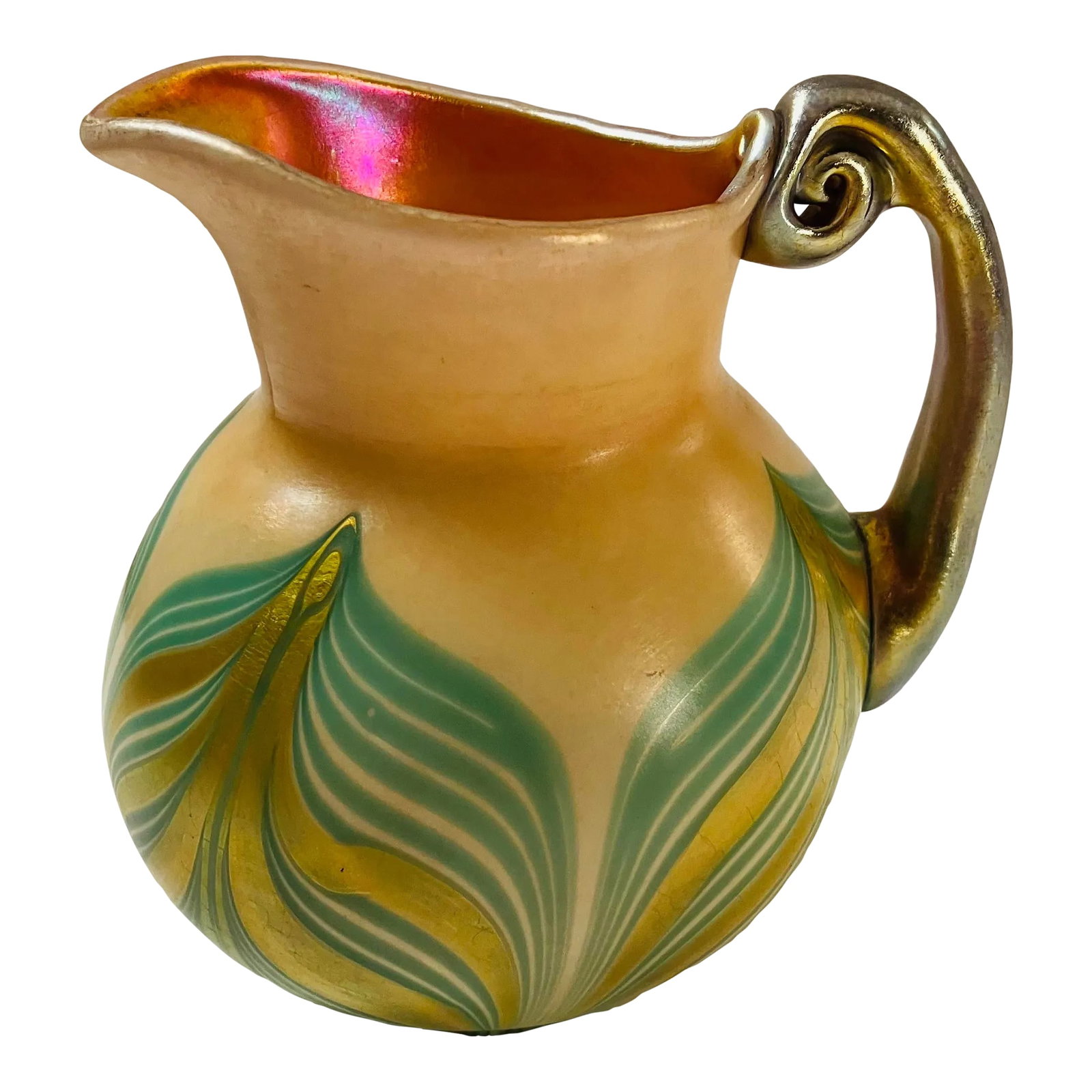 Antique American Art Glass Pitcher Signed Kew Blas: This antique art glass pitcher was made at the Union Glass Co, Somerville , Ma Circa 1900 Kew Blas is an anagram of W S Blake the factory manager at the time The pulled feather design is similar to de