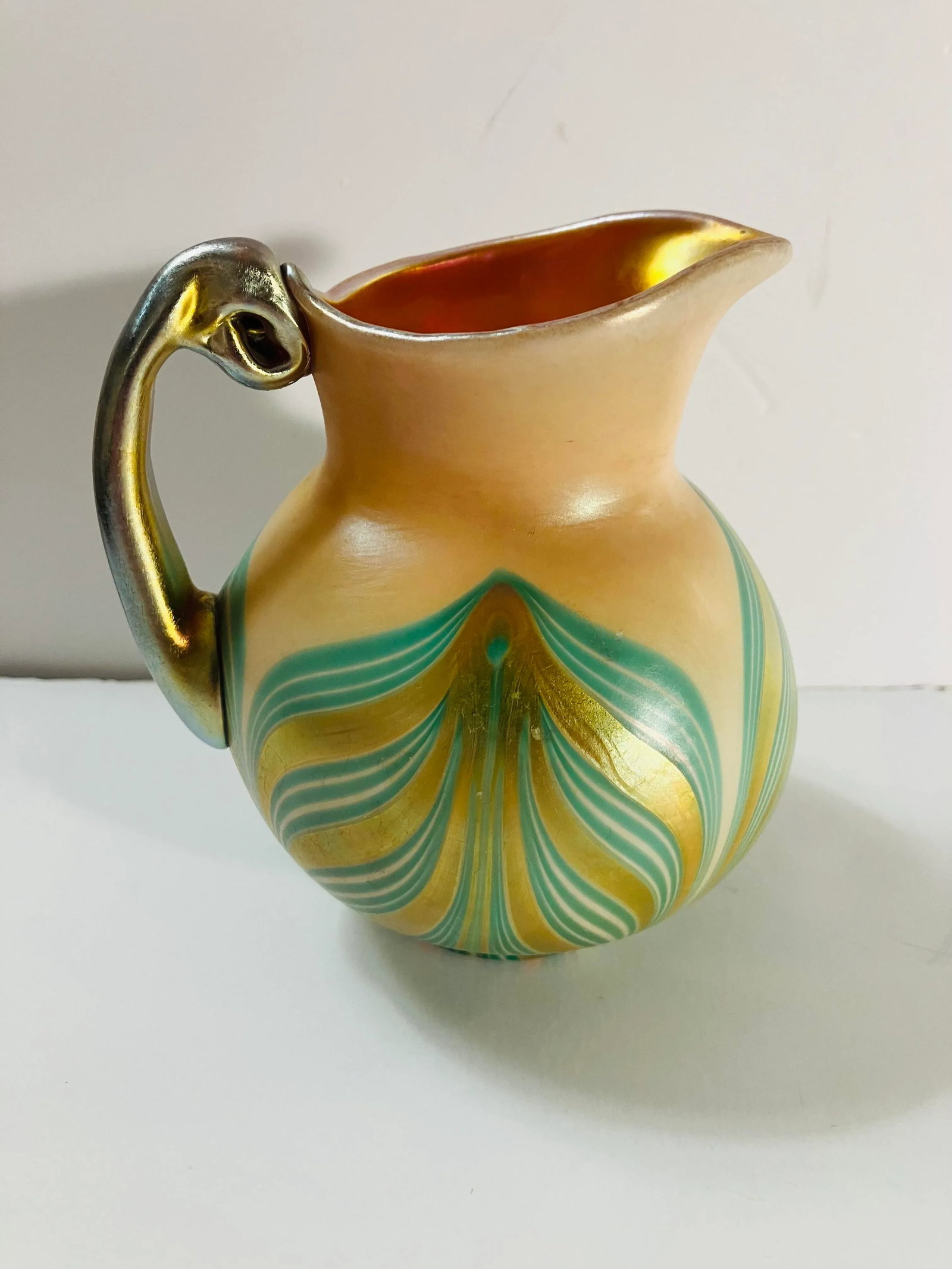 Antique American Art Glass Pitcher Signed Kew Blas - 3