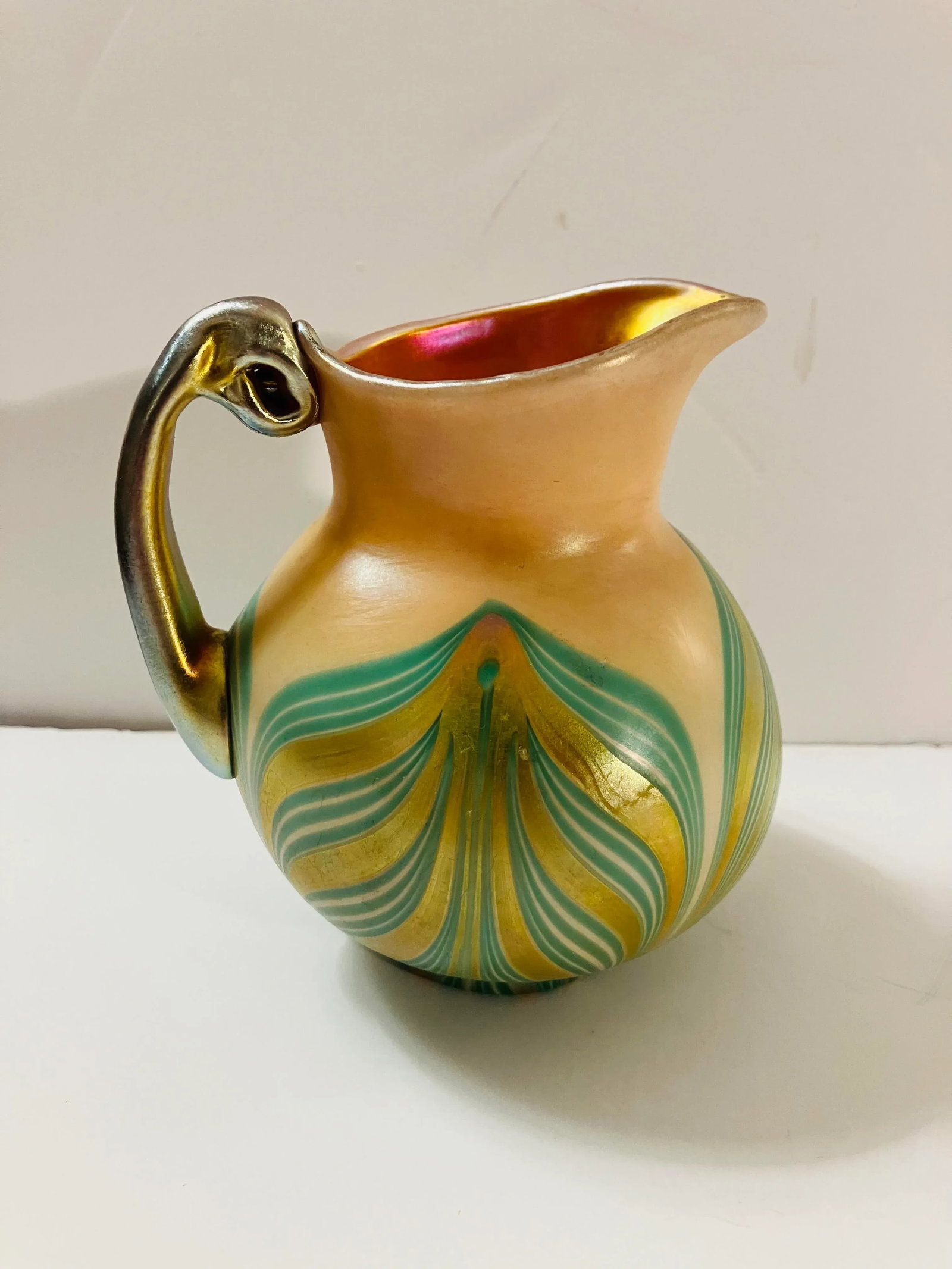Antique American Art Glass Pitcher Signed Kew Blas - 5