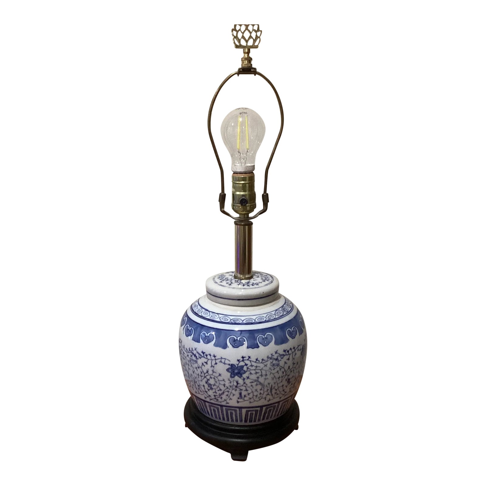 Vintage Asian Blue and White Ceramic Porcelain Lamp With Wood Base: Chinese blue and white vase lamp decorated with oriental design on ebony base. Condition: Alterations: Original Condition Unaltered Imperfections: Some Imperfections Condition Notes: Good vintage
