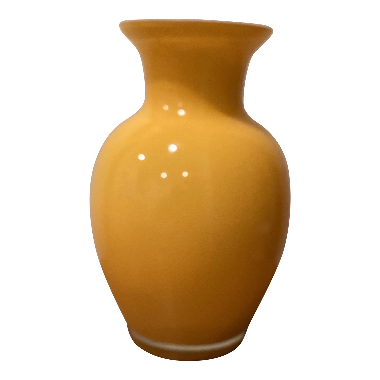 Mid Century Hand Blown Murano Glass Amber Vase: Decorative bright yellow hand blown Murano mid century glass art vase. A stunning Italian Murano hand blown art glass vase. The vase is made in bright amber yellow cased glass. Wonderfully colorful