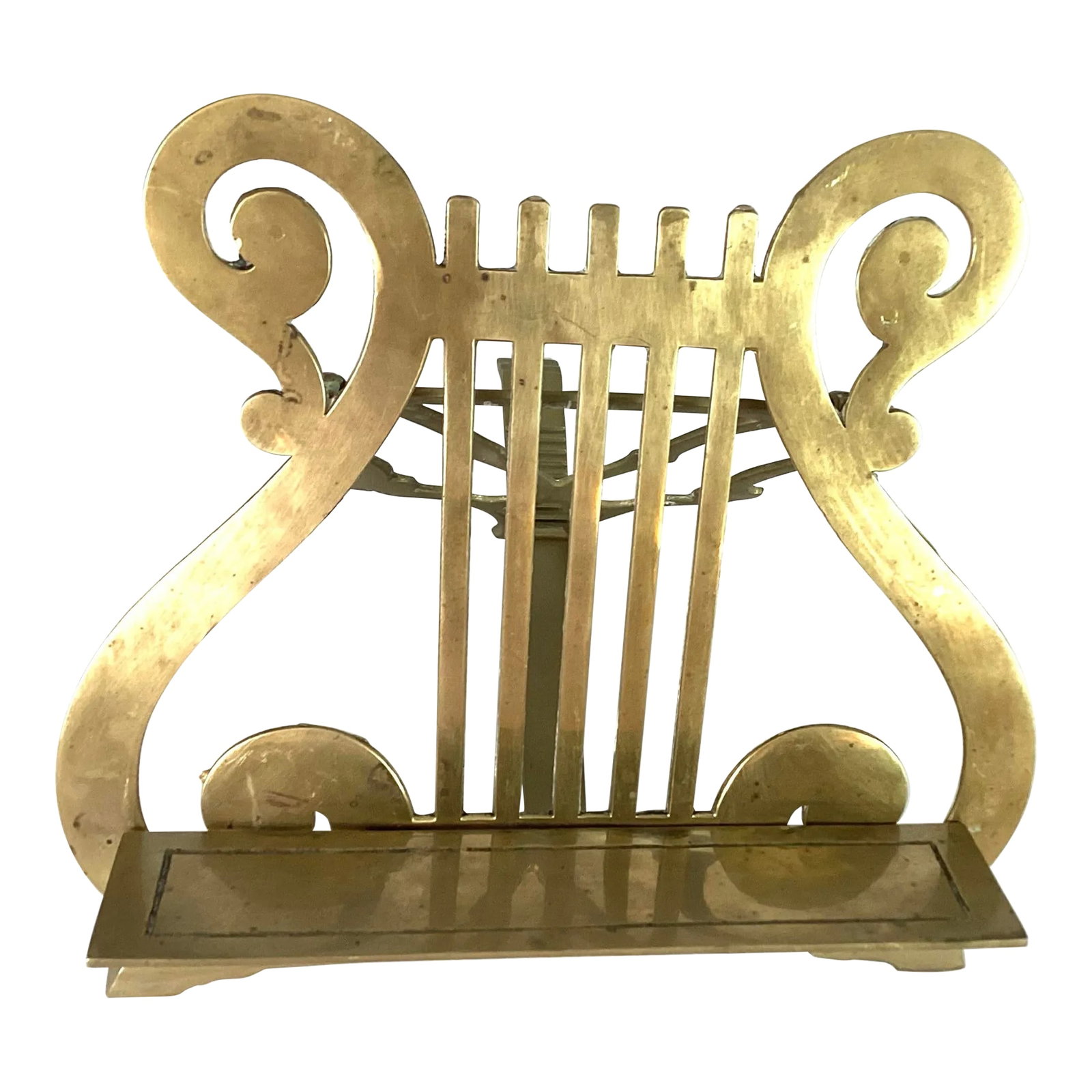 1940s English Brass Lyre Shaped-Music Stand or Book Lectern: Styled after an 18 century brass lyre shaped- table music stand Featuring a pierced lyre Shaped reading, top, or back with attached book ledge-the collapsible back attached to a graduated adjustable