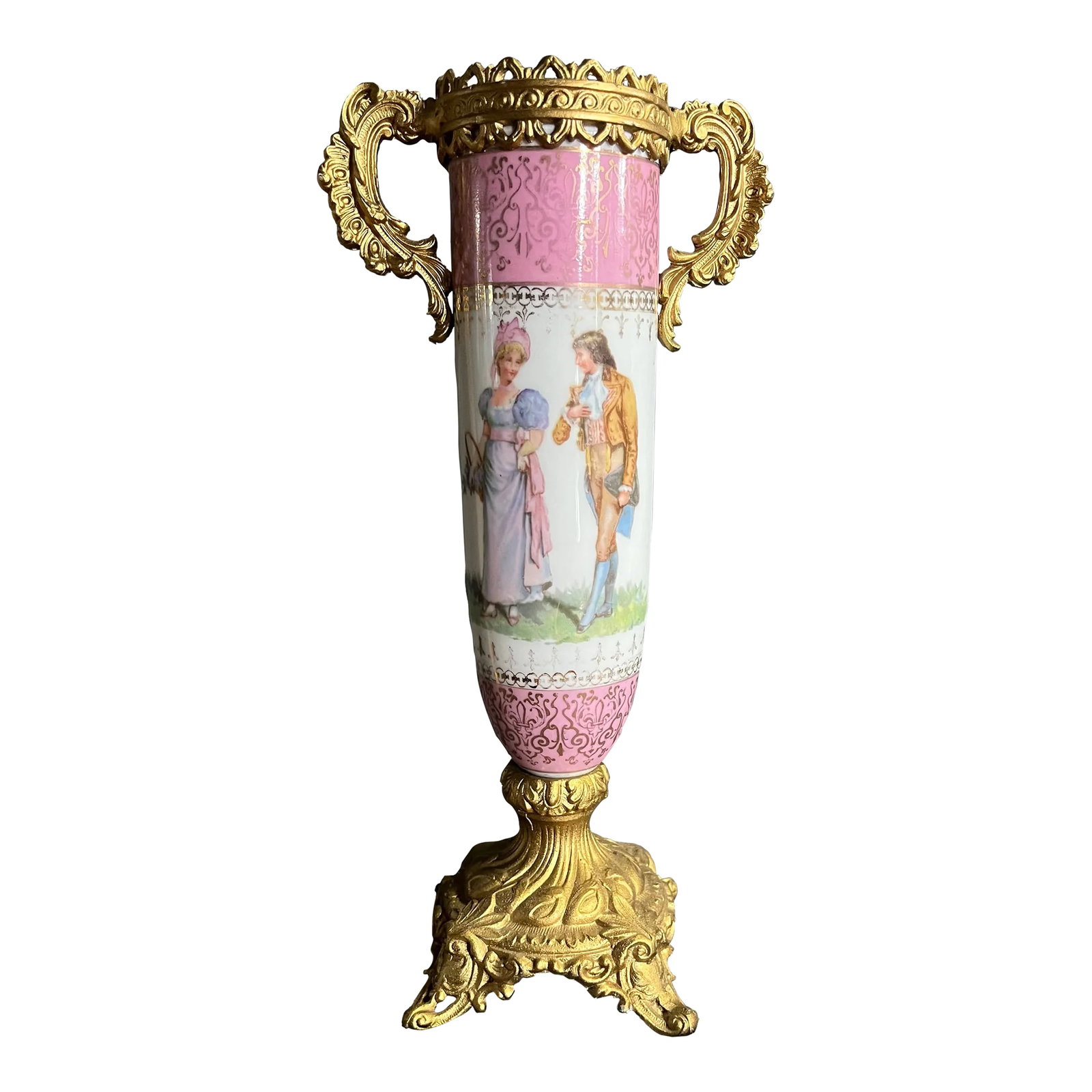Early 20th Century French Porcelain Faux Vase With Gilt Bronze Handles: A very beautifully aged French porcelain decorative vase with gilt bronze handles. 9.5" tall by 4.5" wide. Beautifully aged french porcelain. Faux vase as it is for decorative purposes only. Cannot ho