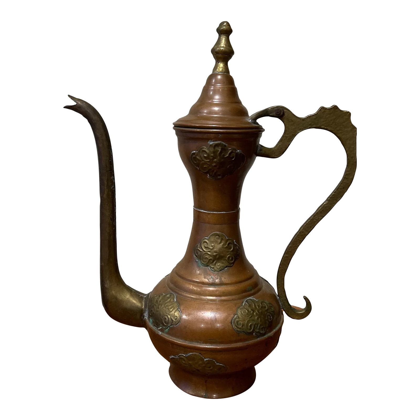 Antique Middle Eastern Dallah Turkish Ottoman Copper With Bronze Coffee Pot: Antique Middle Eastern Asian traditional Turkish ottoman copper Dallah coffee pot. Antique Coffee pot hand-hammered and chased copper with riveted bronze applique and a very large spout. Great decorat