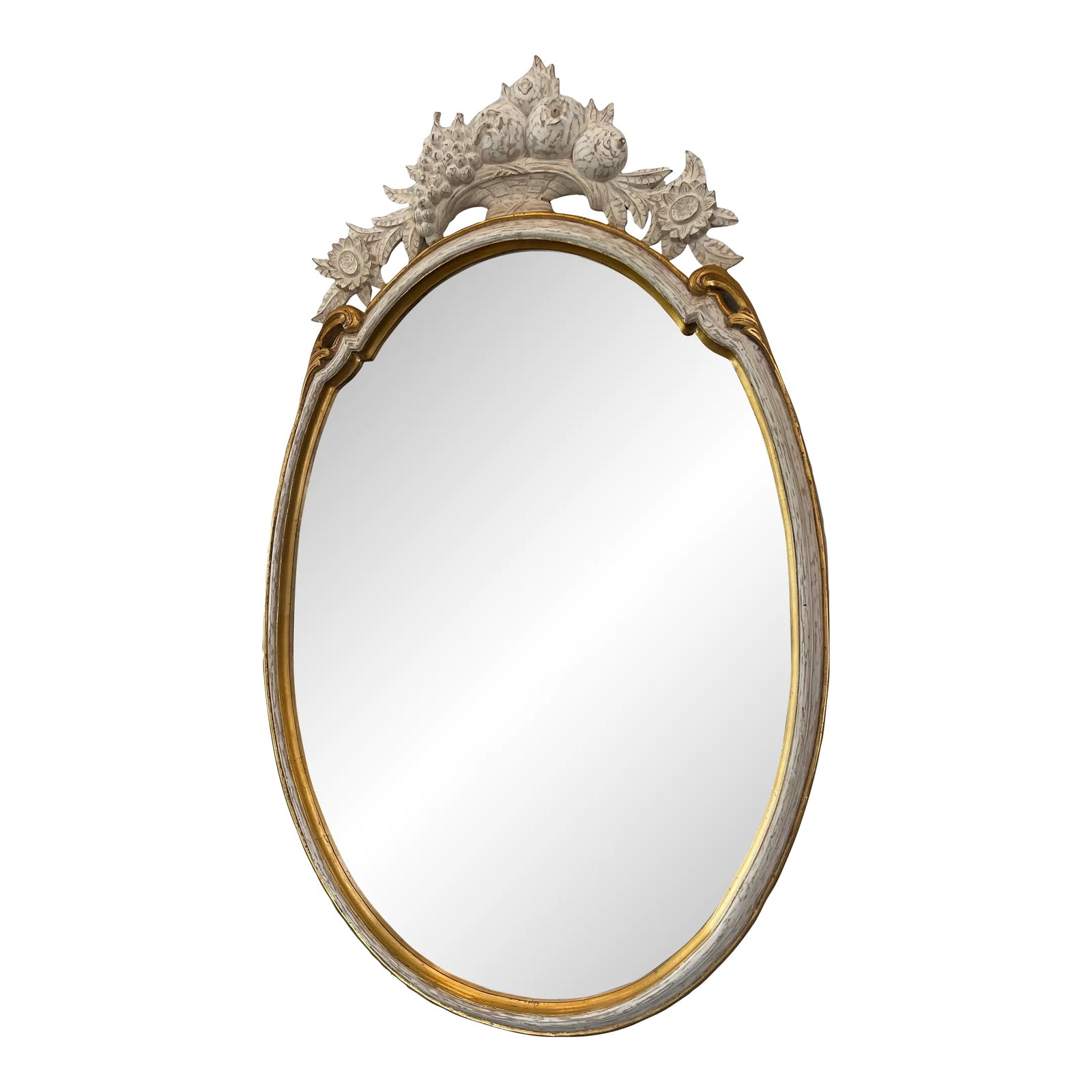 #27 Harrison & Gil Dauphine Large Gold Wood Italian Style Mirror, 1980s: This stunning Italian style mirror by Harrison & Gil (later Christopher Guy) is a true masterpiece. The oval shape and white color add elegance to any room, while the gold gilt frame and wood finish