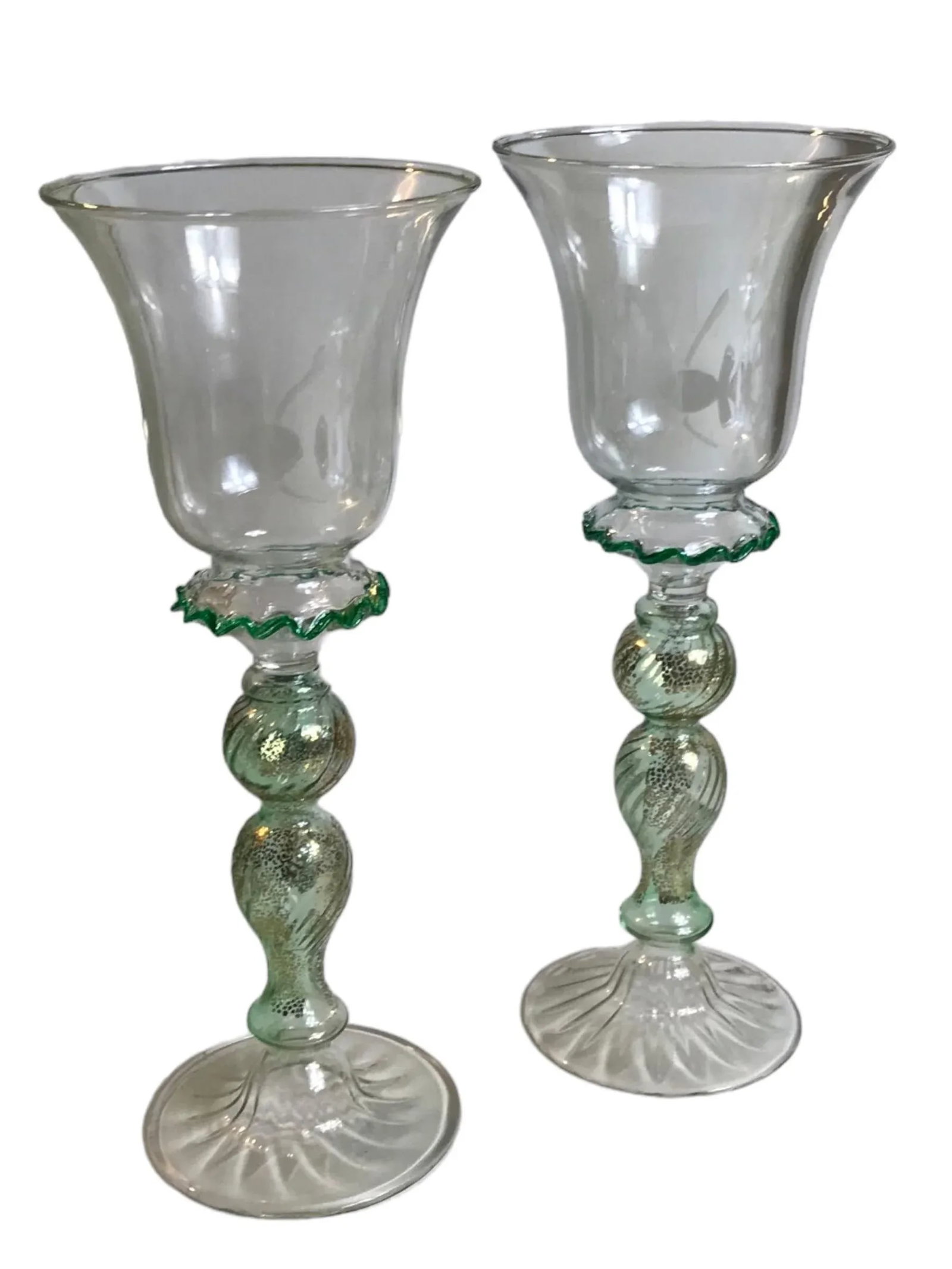 Vintage 1970's Art Glass Wine Goblets Hand Blown Green Gold Venetian Styled After Salviati Murano - - 11