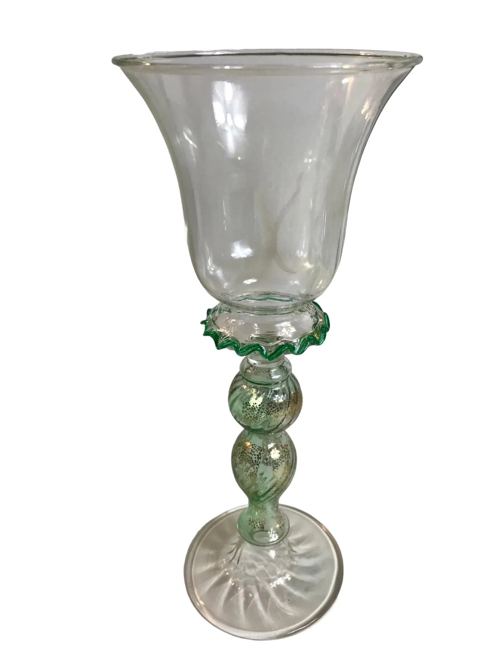 Vintage 1970's Art Glass Wine Goblets Hand Blown Green Gold Venetian Styled After Salviati Murano - - 12