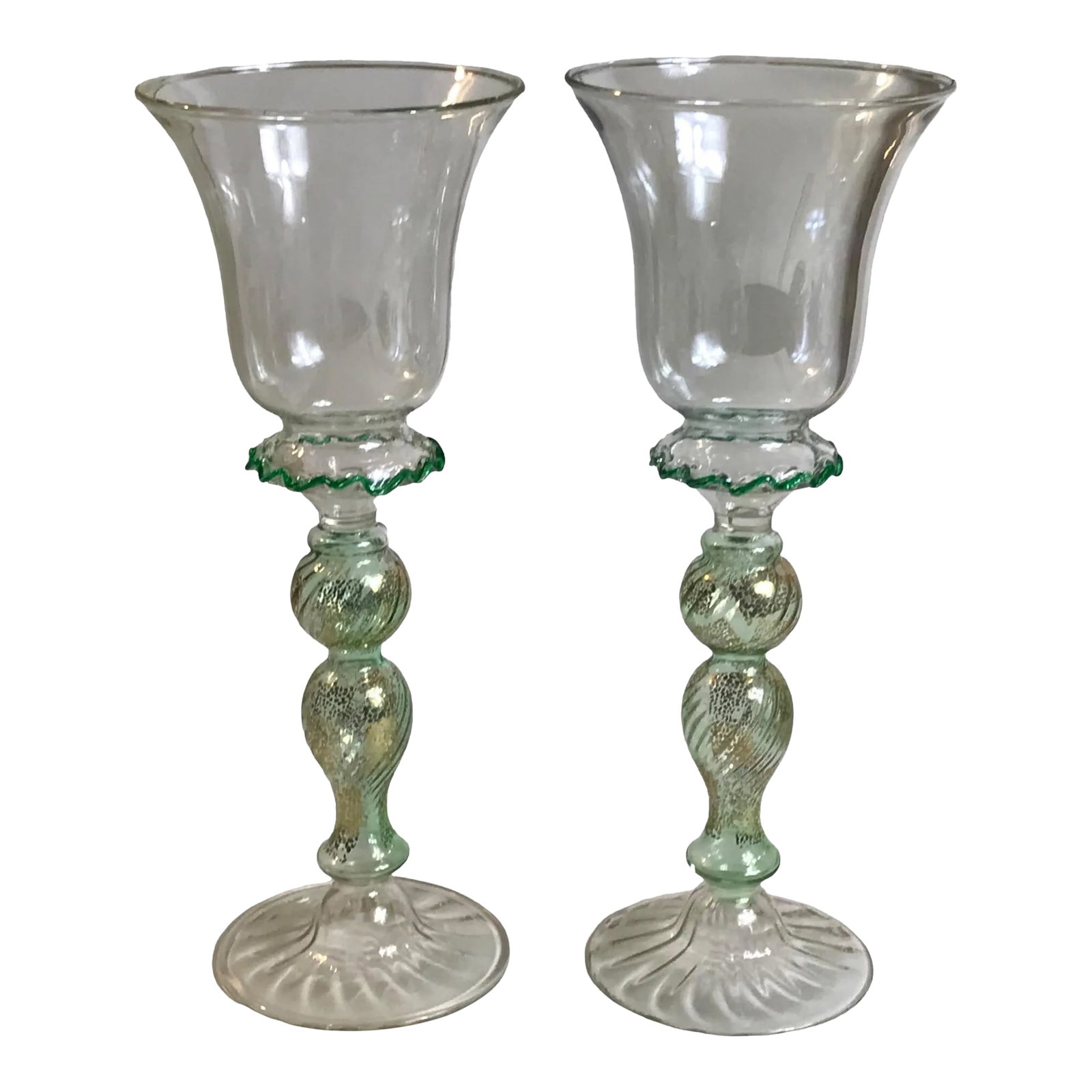 Vintage 1970's Art Glass Wine Goblets Hand Blown Green Gold Venetian Styled After Salviati Murano -: 2 Vintage Art Glass Wine Goblets They appear to be made by Salviati Murano and are labeled as such by other sources, however there are no maker's marks on either glass. Hand Blown Glasses Green with