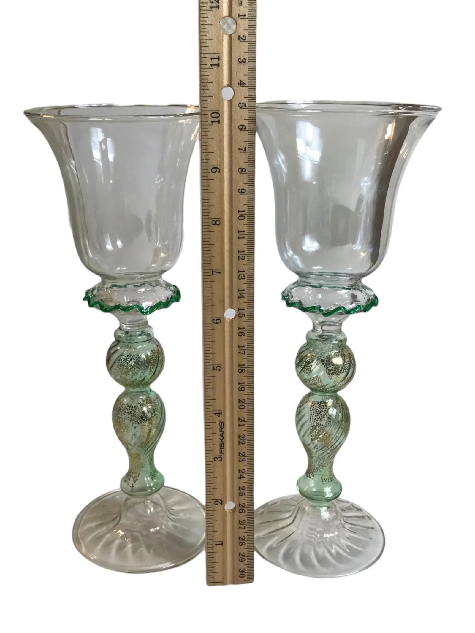Vintage 1970's Art Glass Wine Goblets Hand Blown Green Gold Venetian Styled After Salviati Murano - - 3
