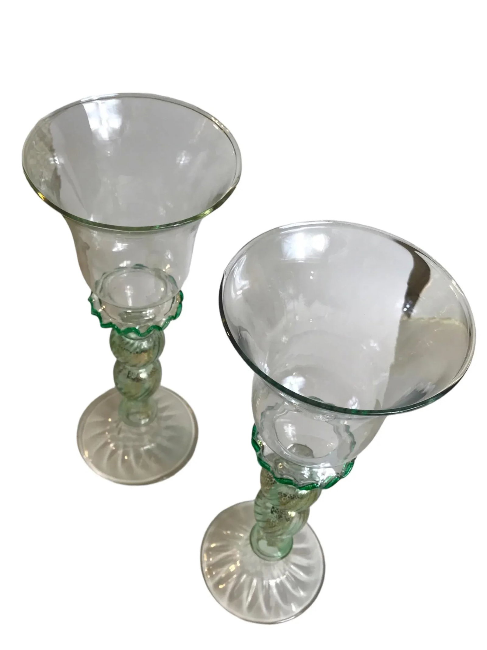 Vintage 1970's Art Glass Wine Goblets Hand Blown Green Gold Venetian Styled After Salviati Murano - - 4