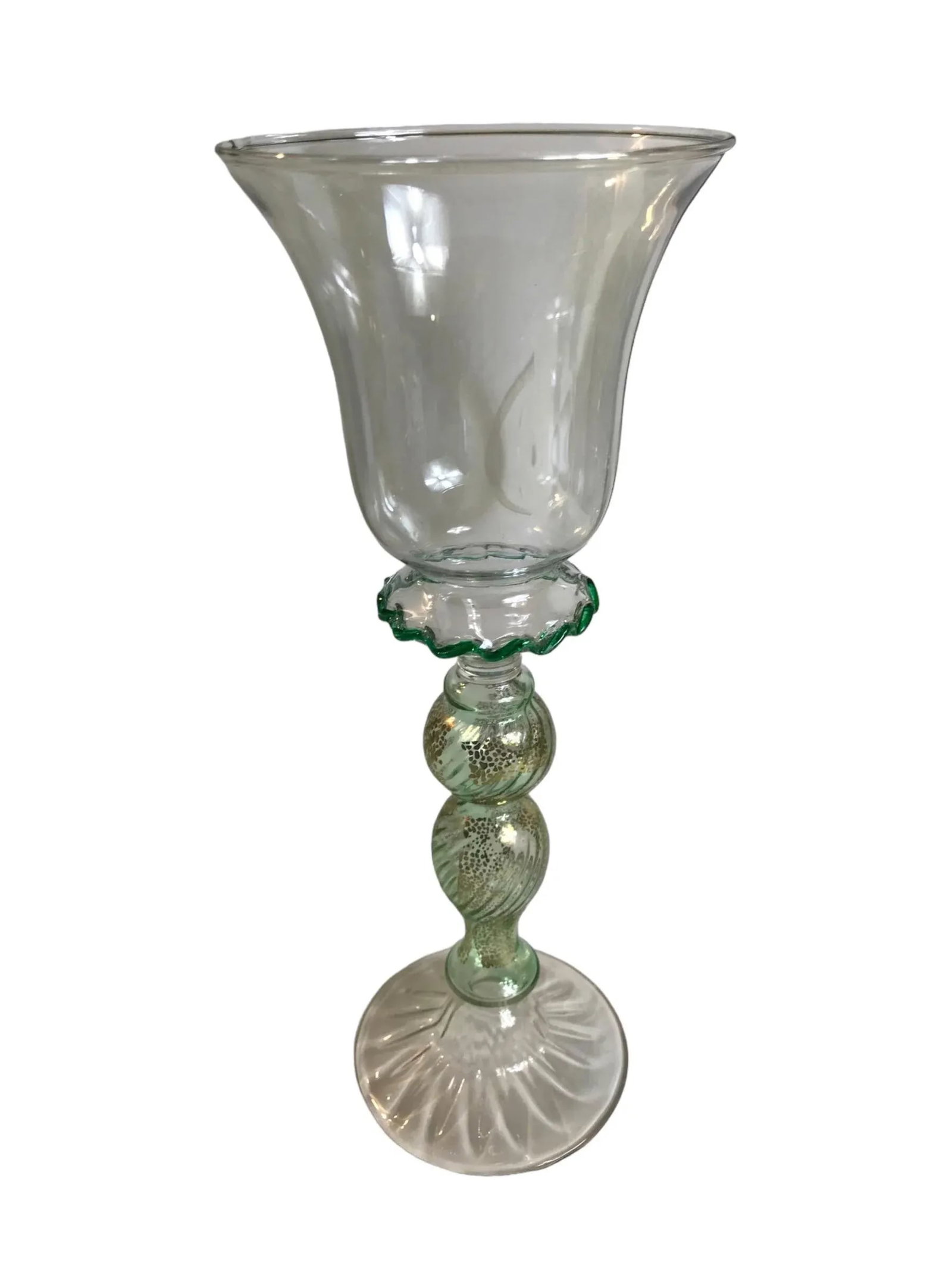 Vintage 1970's Art Glass Wine Goblets Hand Blown Green Gold Venetian Styled After Salviati Murano - - 6