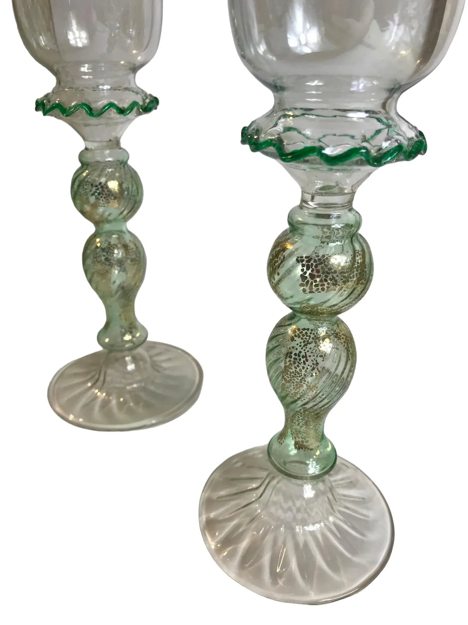 Vintage 1970's Art Glass Wine Goblets Hand Blown Green Gold Venetian Styled After Salviati Murano - - 8
