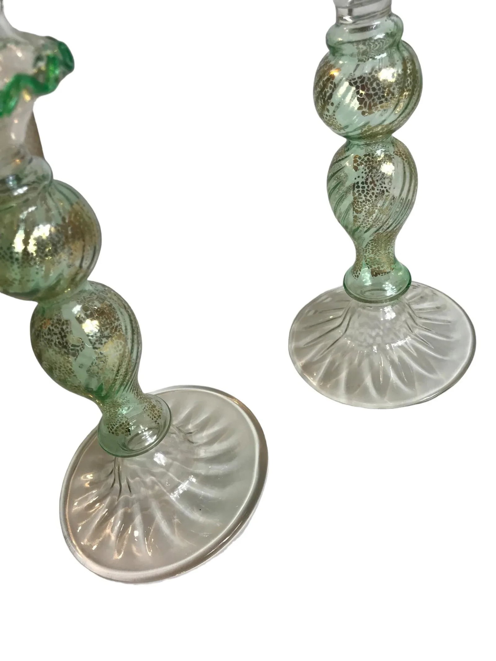 Vintage 1970's Art Glass Wine Goblets Hand Blown Green Gold Venetian Styled After Salviati Murano - - 9