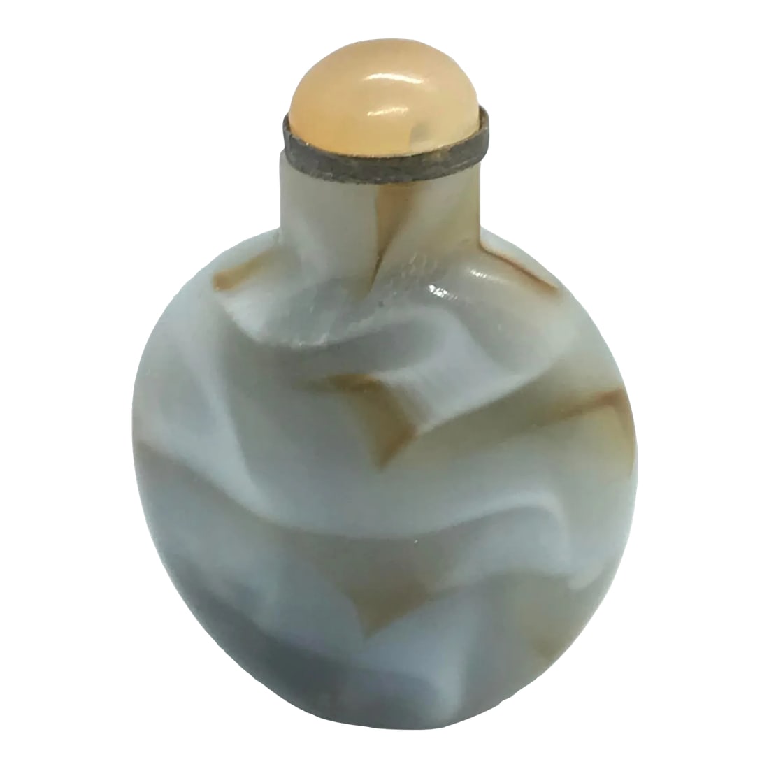 Vintage Glass Snuff Bottle Imitating Banded Agate: The Sandwiched Glass bottle has a flattened round form. The light gray glass is suffused with striations in alternating swirls of white and tan, weaving patterns that resemble clouds. The base is