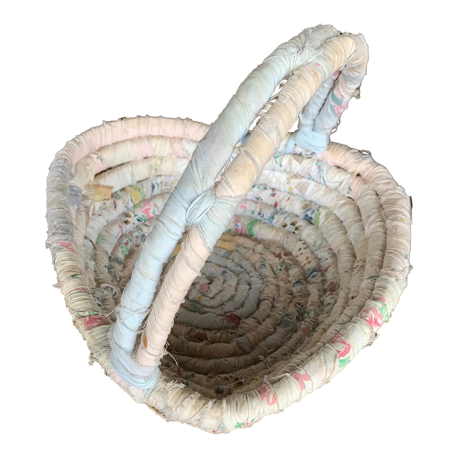 Vintage Heart Shaped Rag Basket With Handle: Rag Basket Fabric Wrapped. Folk Art / Country style. Wire frame basket shaped like a heart with handle. Firm and sturdy basket. Condition: Alterations: Original Condition Unaltered Imperfections: Some