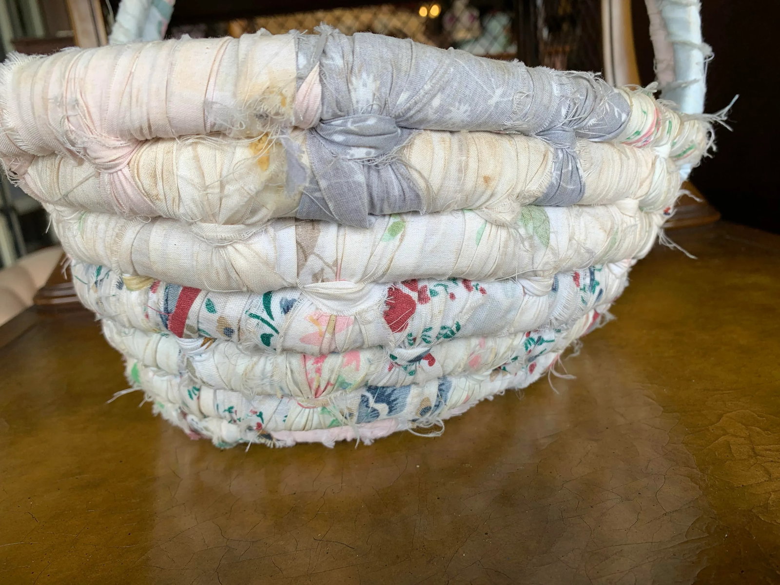 Vintage Heart Shaped Rag Basket With Handle - 5