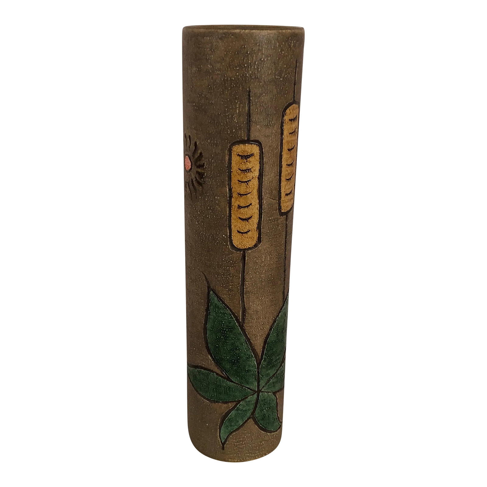 Vintage Mid Century Modern Vase: Very 60's-70's hippie vibe to this tall stoneware vase! (Yes I did say hippie peace love to all) It is in great shape for its age colors are good and no issues noted It is 15" tall and 3.75 "