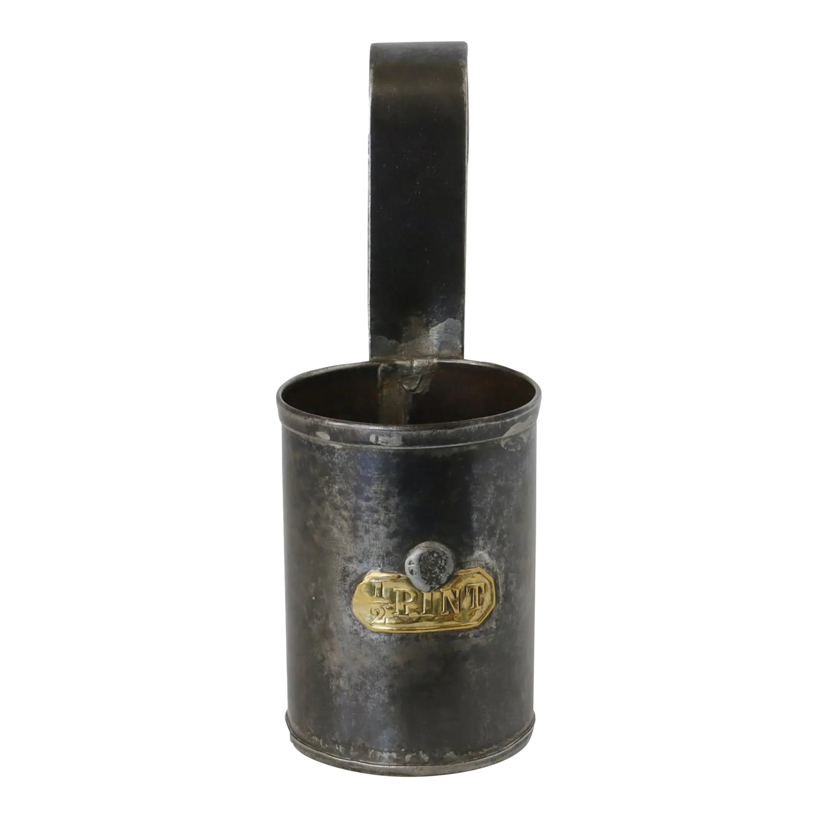 Antique Dairy Cream Half Pint Measure: Embrace the vintage allure with this antique dairy pint cream measure, a relic of utilitarian elegance. Its dark patina contrasts with the brass "1/2Pint" label, offering a glimpse into the