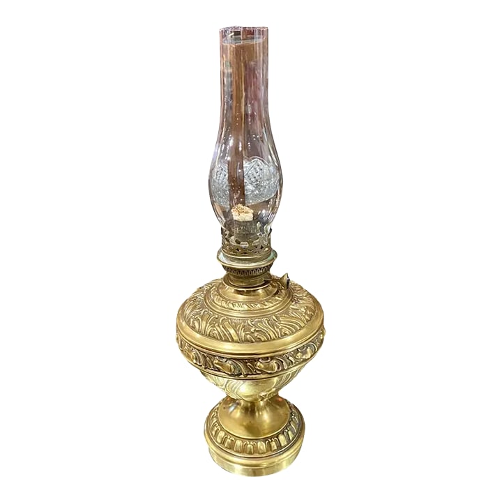 Antique German Chased Gilt Brass Oil Lamp: A stunning antique German oil lamp in gilded chased brass having very detailed designs throughout. Condition: Alterations: Original Condition Unaltered Imperfections: Some Imperfections Condition Note
