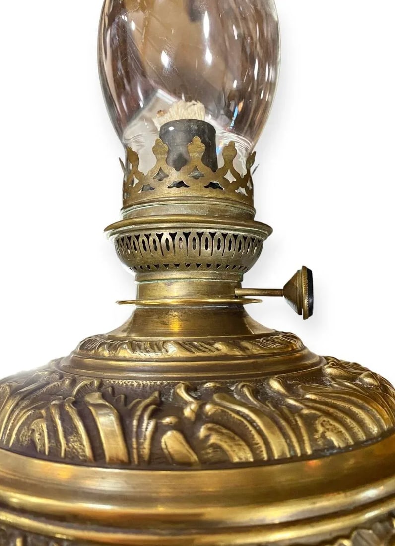 Antique German Chased Gilt Brass Oil Lamp - 5