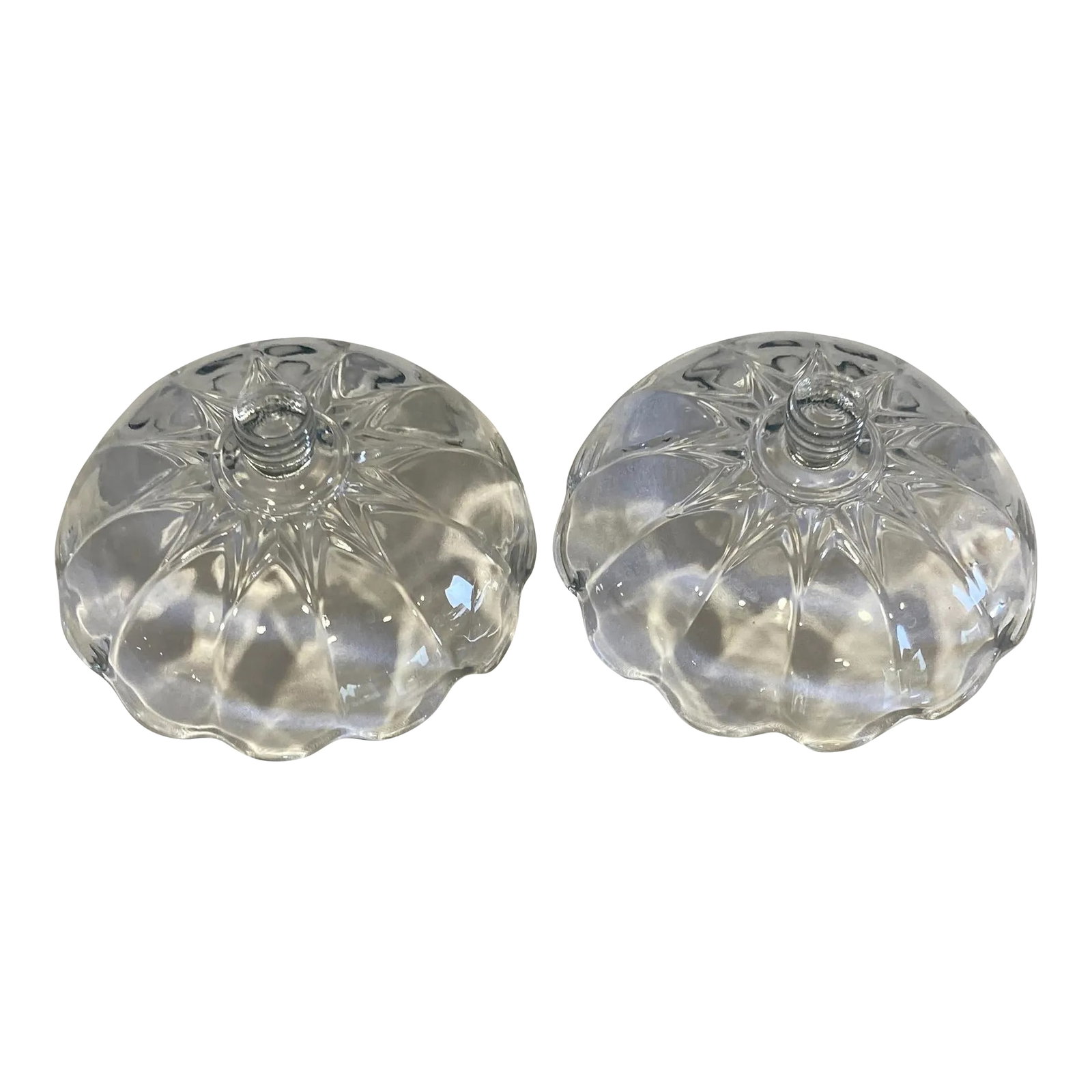 1960s Vintage Cut Glass Candle Guards, Set of 2: A very pretty set of 2 candle guards. They have threaded bottoms that can be inserted into candlesticks to protect the sticks and tables from wax drips. These guards are pretty and functional.