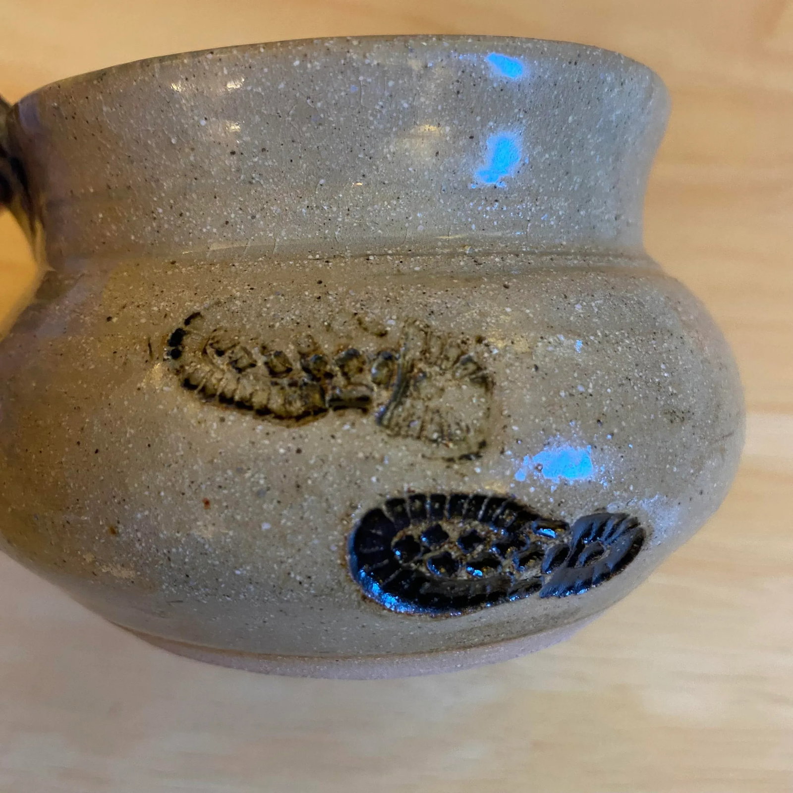 Hand Thrown Signed Gray & Blue Studio Art Pottery Foot Print Mug Basket Weave Design Handle - 8